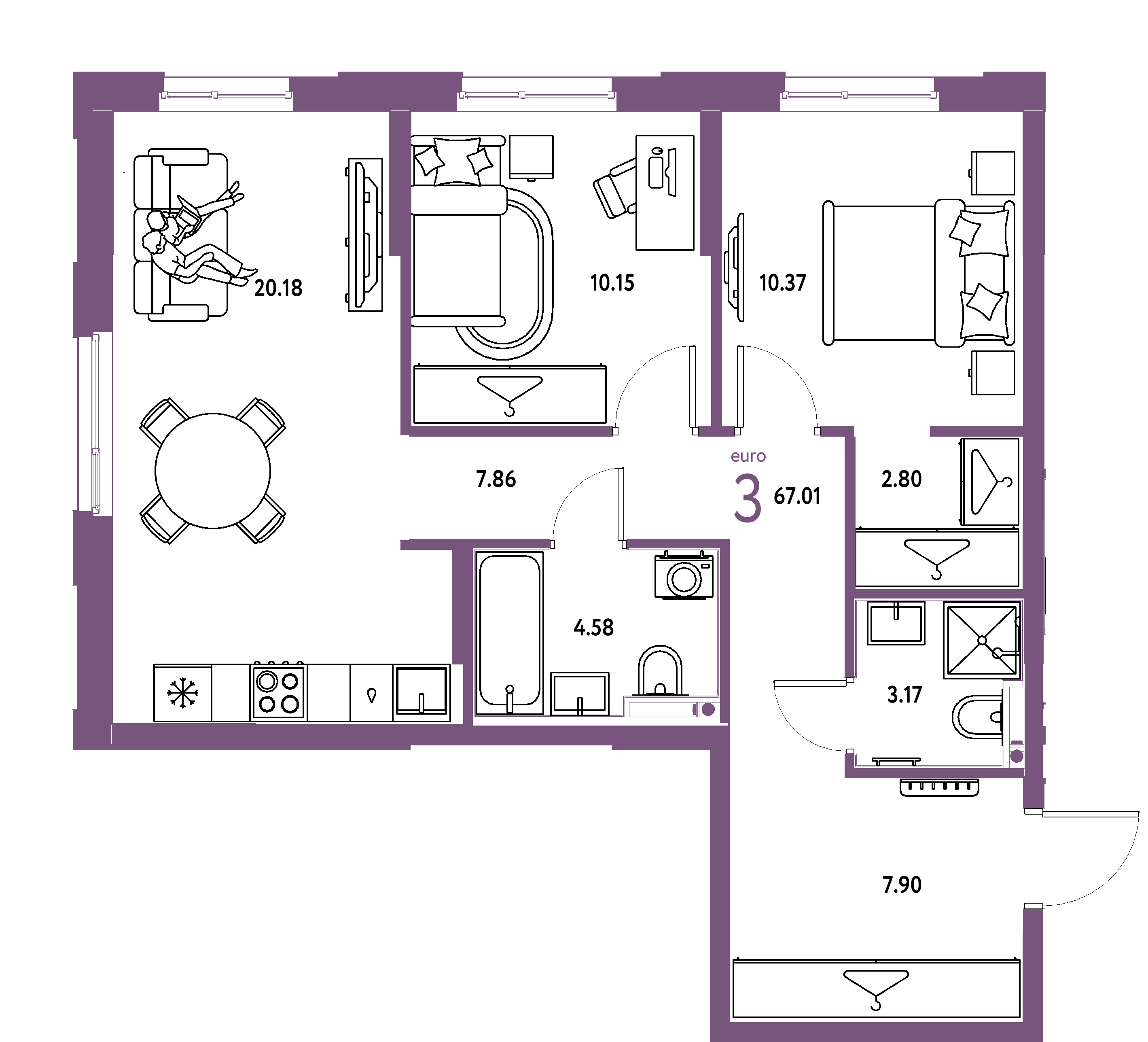 ЖК "Европейский берег 2.0"-3-комнатная 67.01 м²