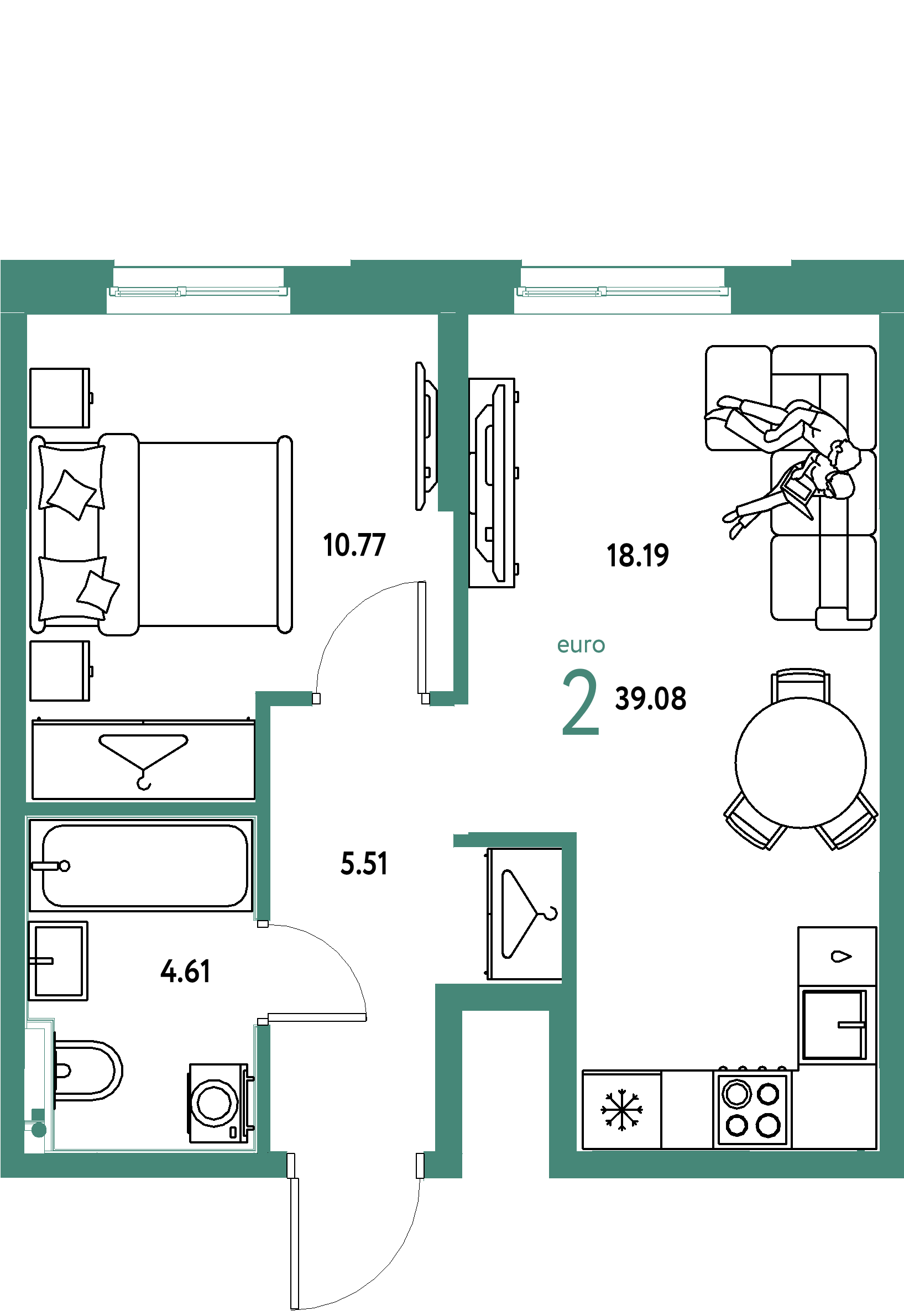 ЖК "Европейский берег 2.0"-2-комнатная 39.08 м²