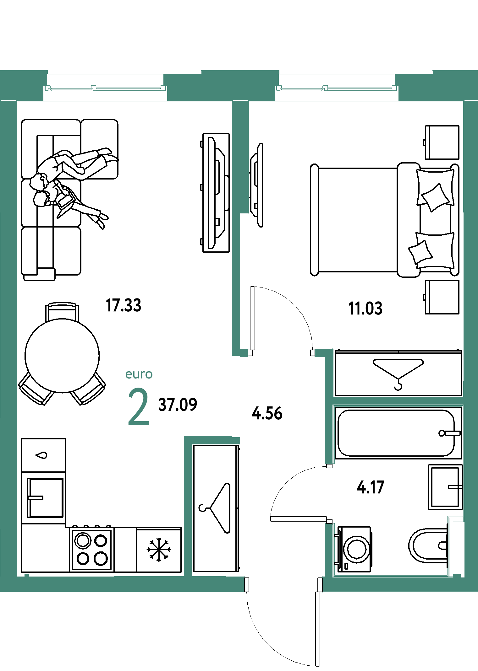 ЖК "Европейский берег 2.0"-2-комнатная 37.09 м²