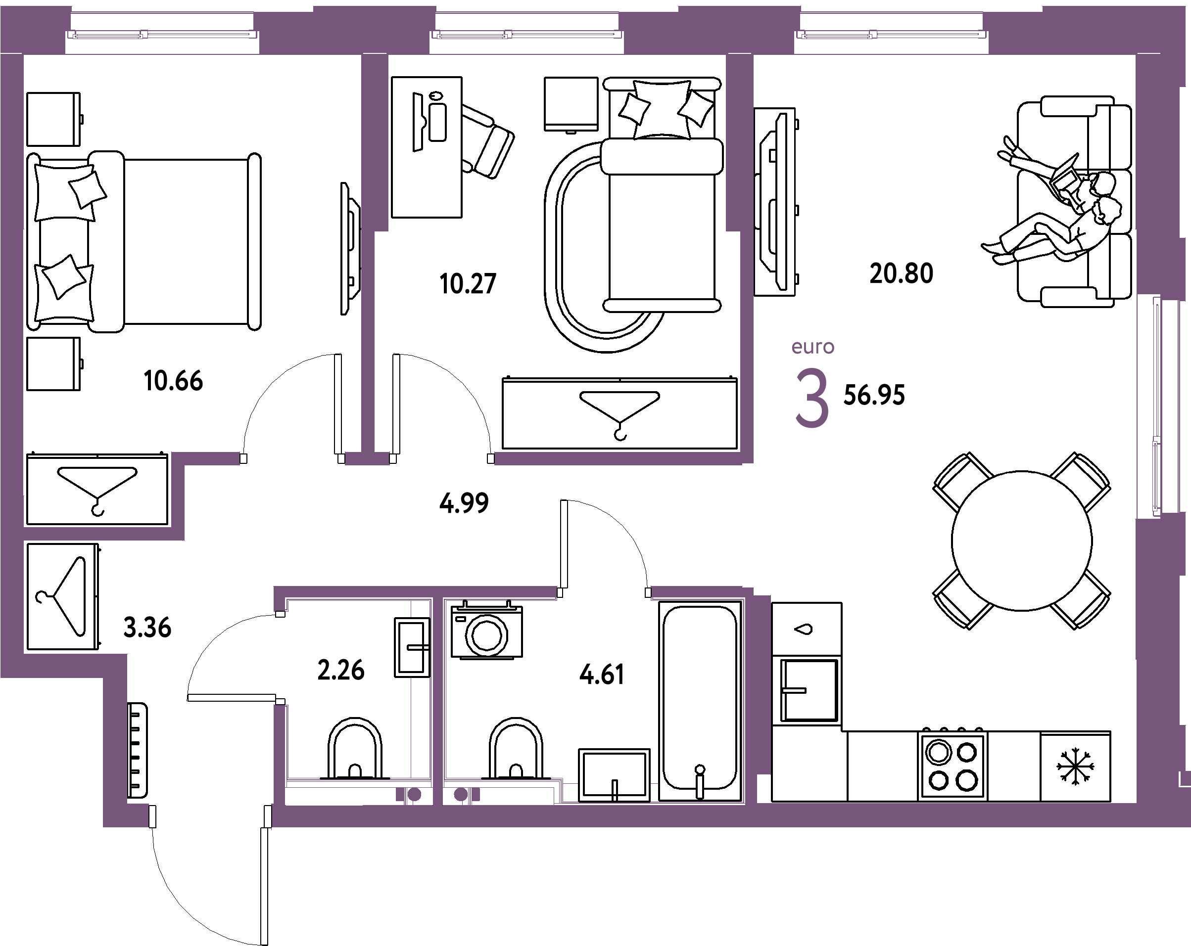 ЖК "Европейский берег 2.0"-3-комнатная 56.95 м²