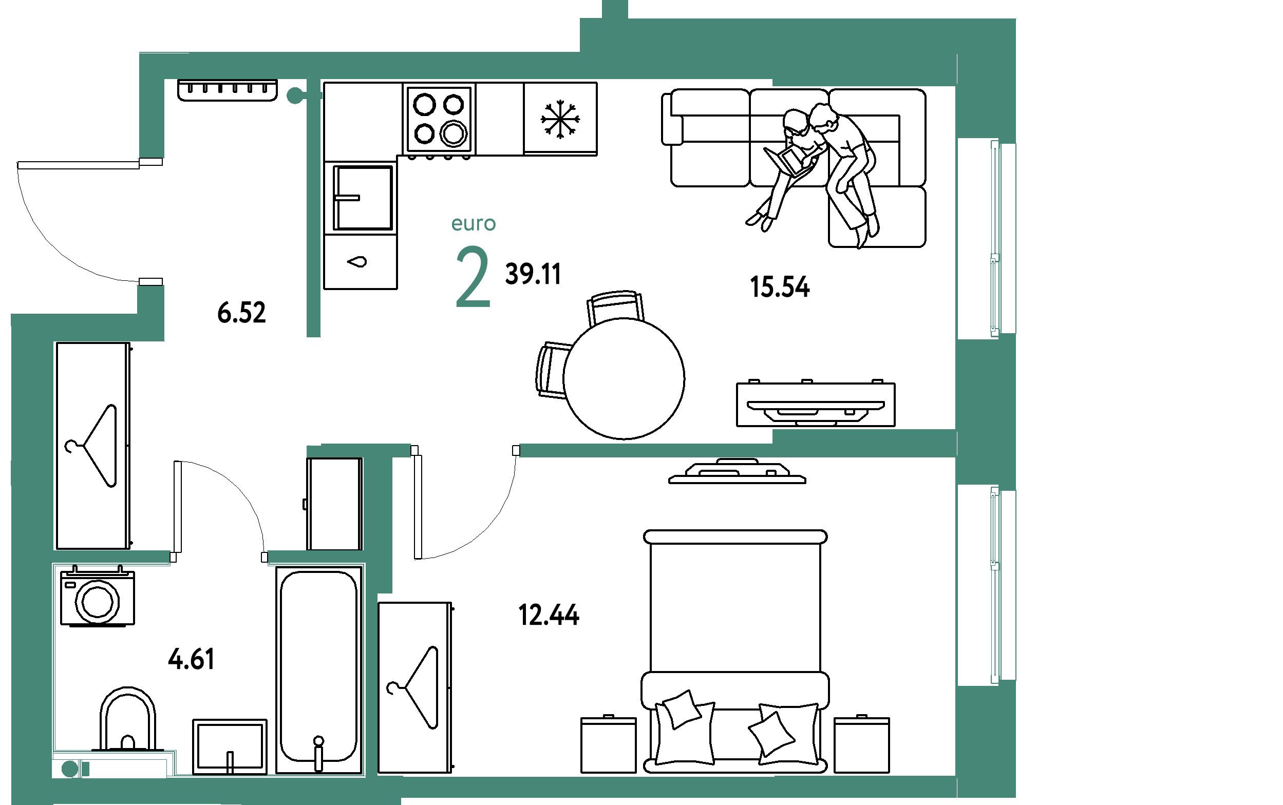 ЖК "Европейский берег 2.0"-2-комнатная 39.11 м²