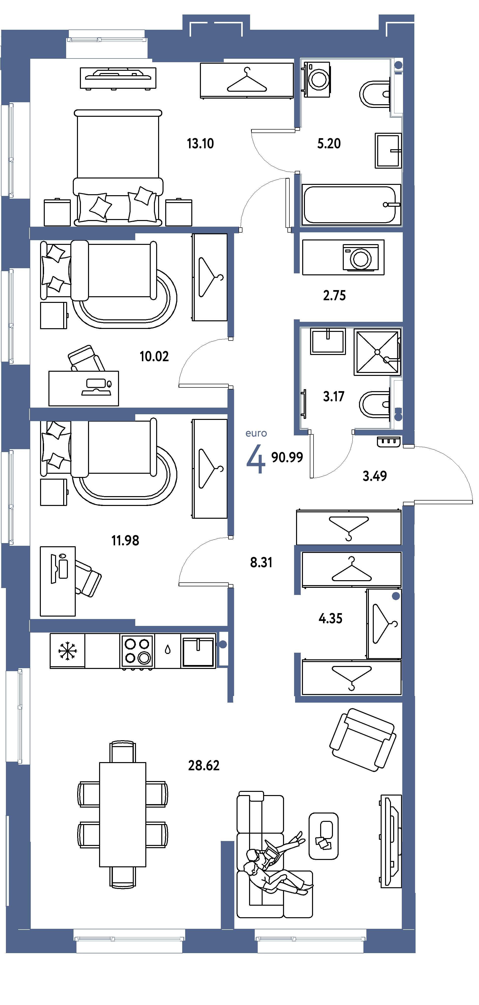 ЖК "Европейский берег 2.0"-4-комнатная 90.99 м²