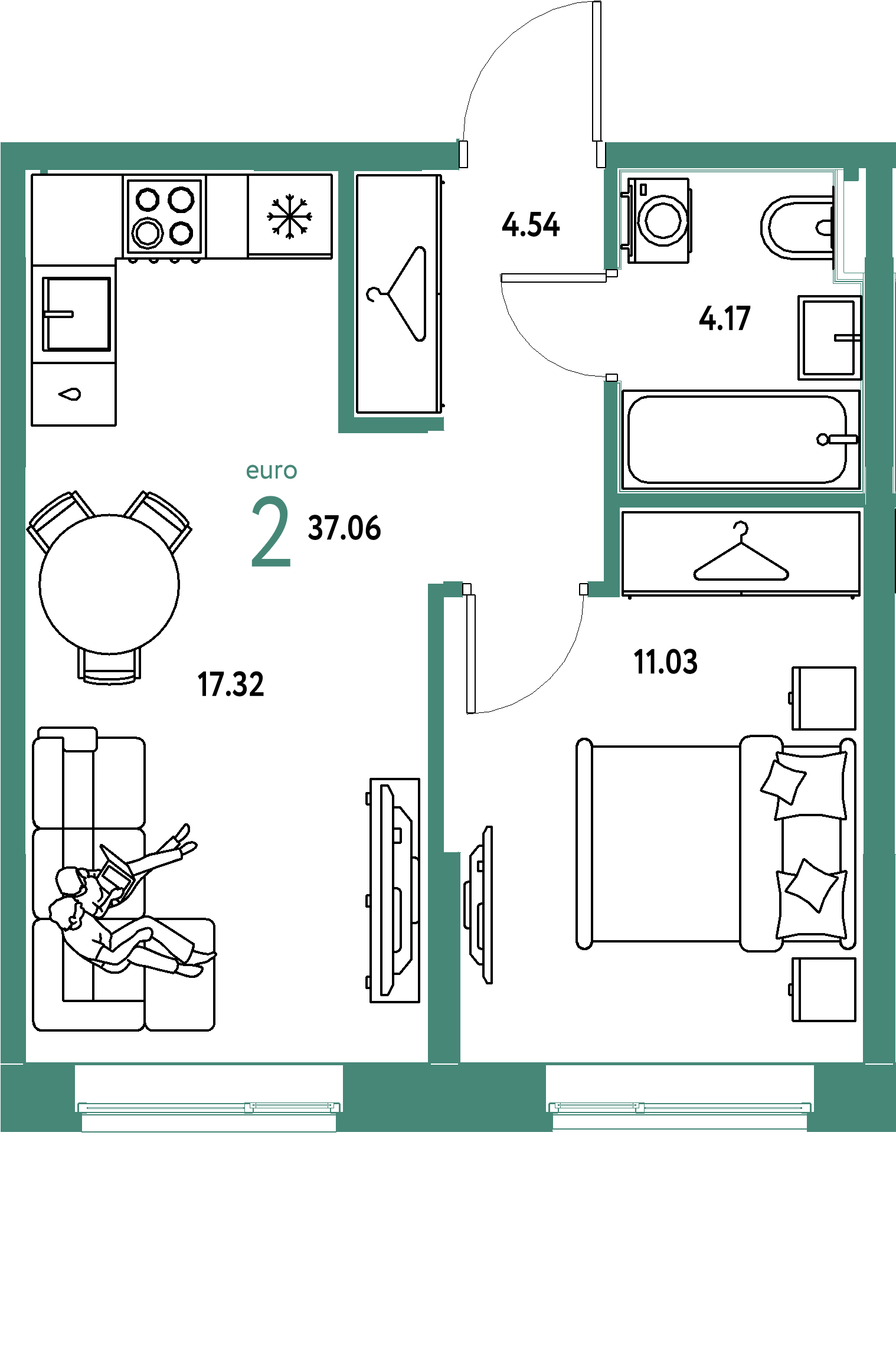 ЖК "Европейский берег 2.0"-2-комнатная 37.06 м²