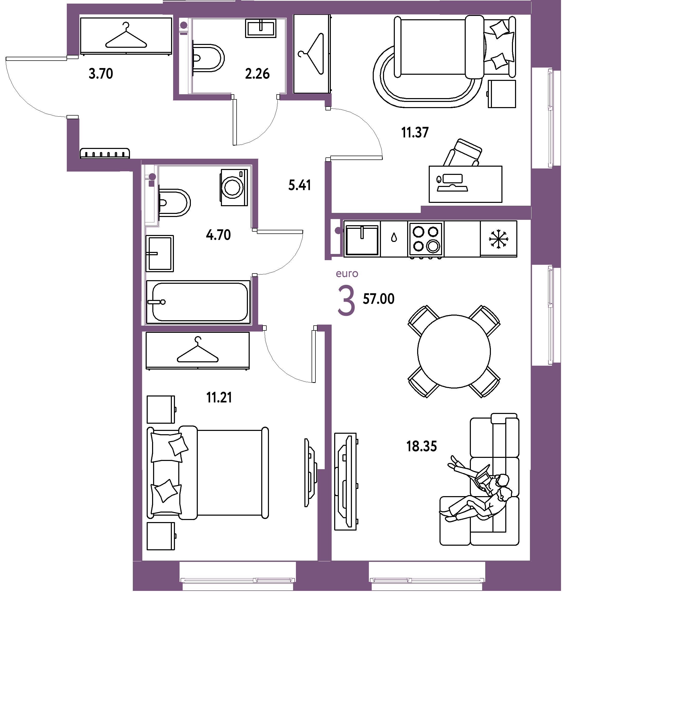 ЖК "Европейский берег 2.0"-3-комнатная 57 м²