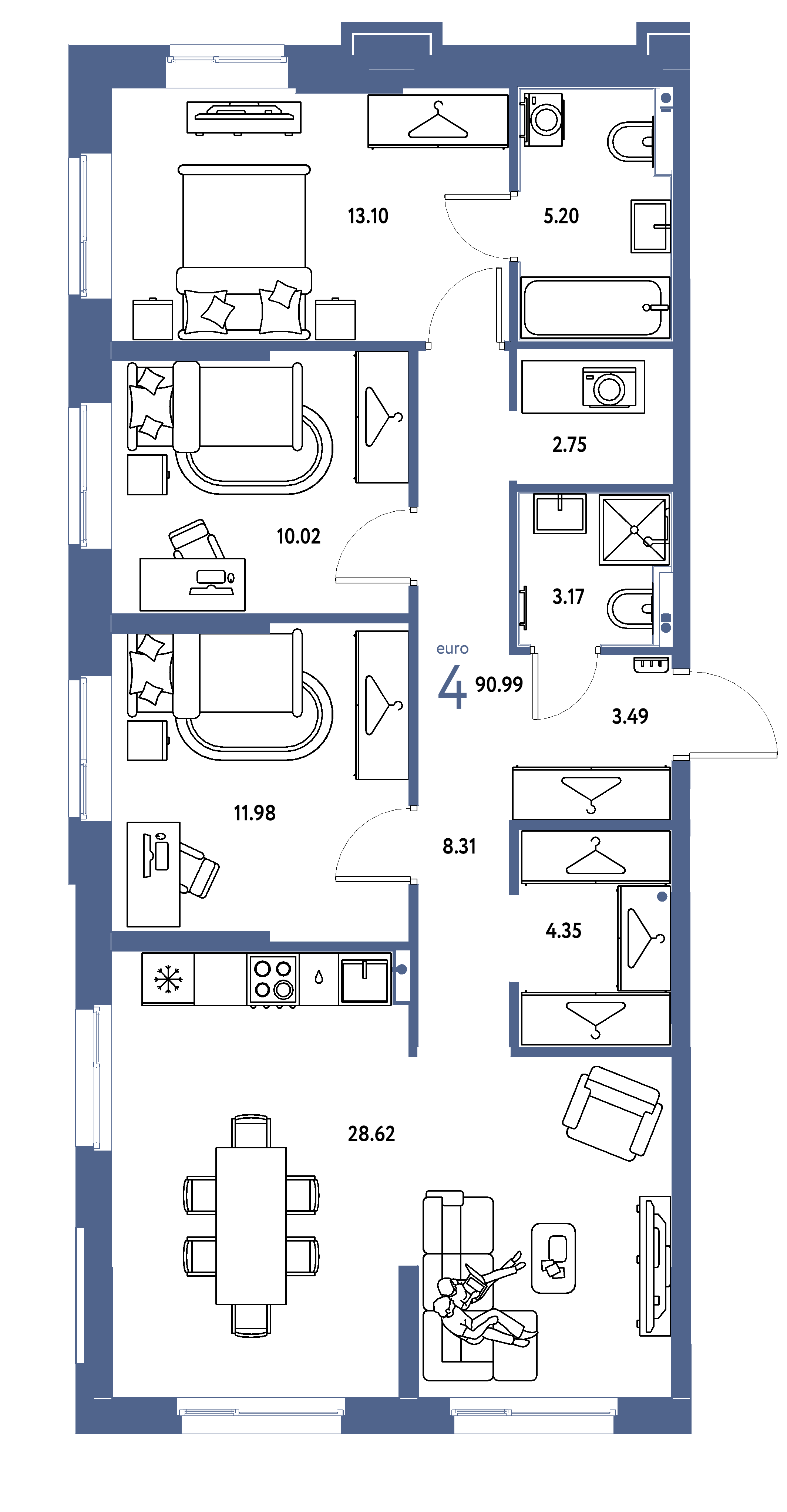 ЖК "Европейский берег 2.0"-4-комнатная 90.99 м²
