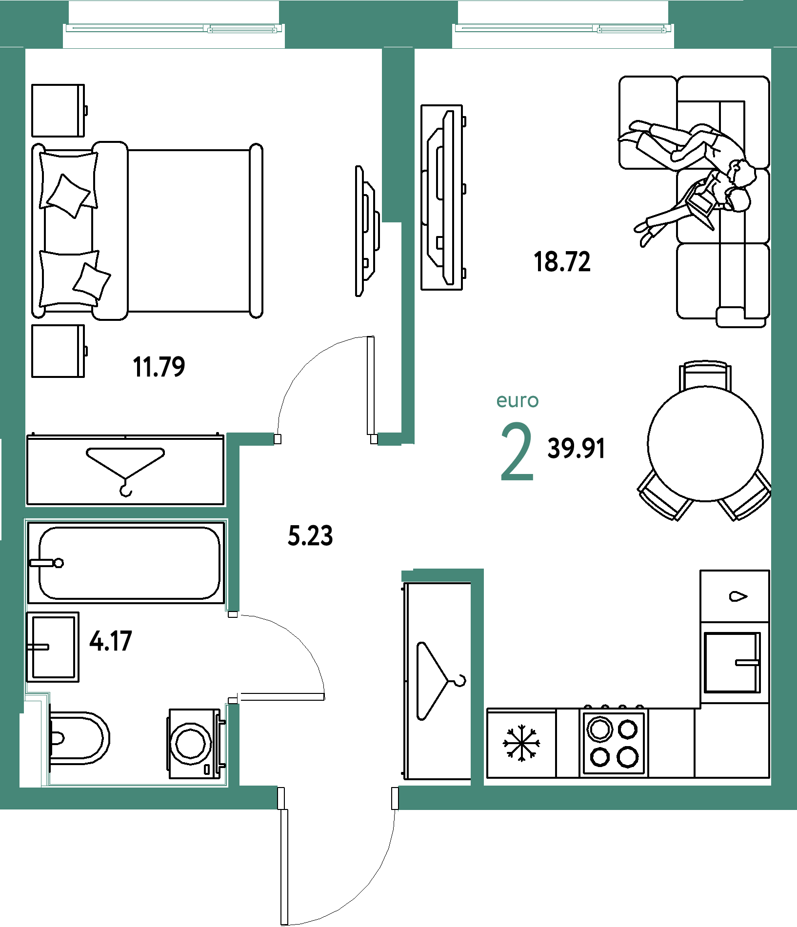 ЖК "Европейский берег 2.0"-2-комнатная 39.91 м²