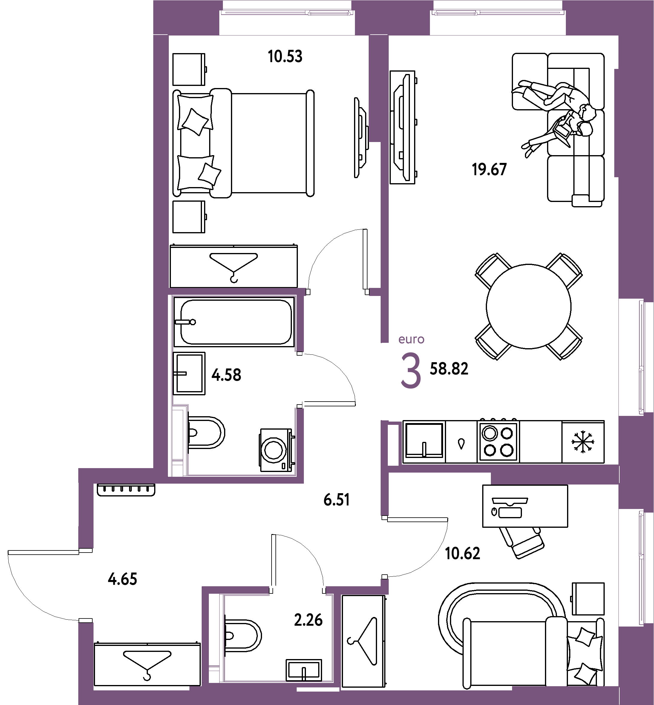 ЖК "Европейский берег 2.0"-3-комнатная 58.82 м²