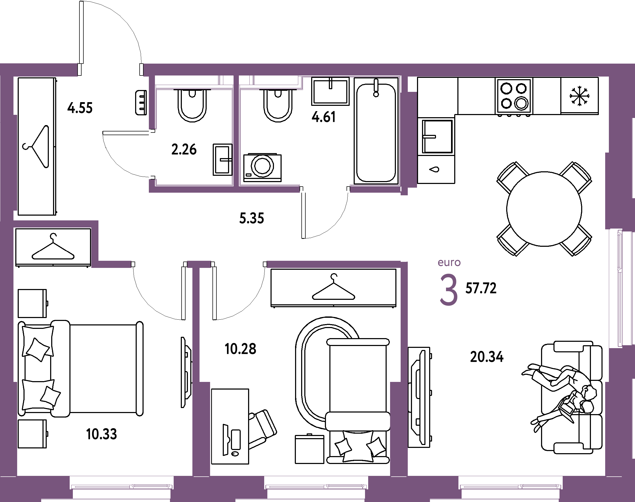 ЖК "Европейский берег 2.0"-3-комнатная 57.72 м²