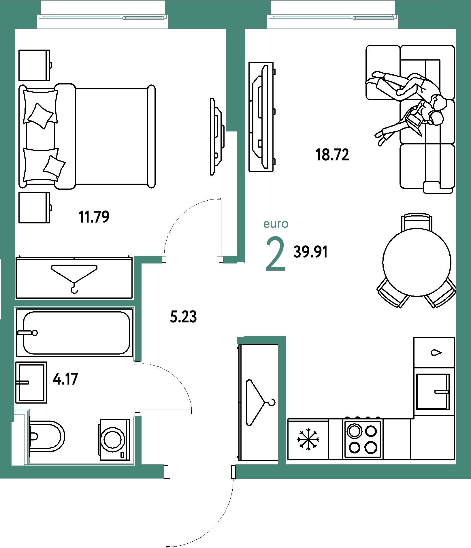 ЖК "Европейский берег 2.0"-2-комнатная 39.91 м²
