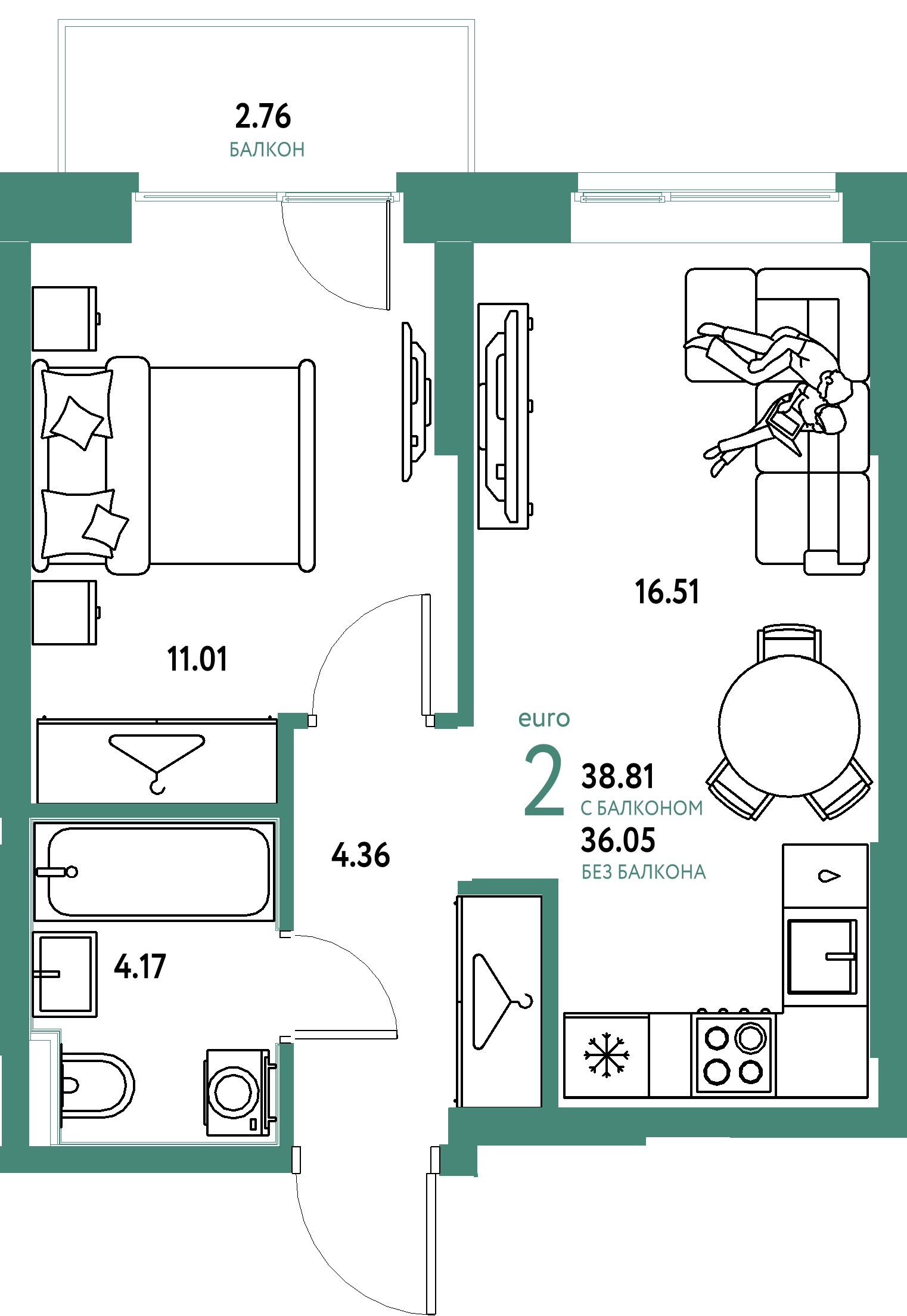 ЖК "Европейский берег 2.0"-2-комнатная 38.81 м²