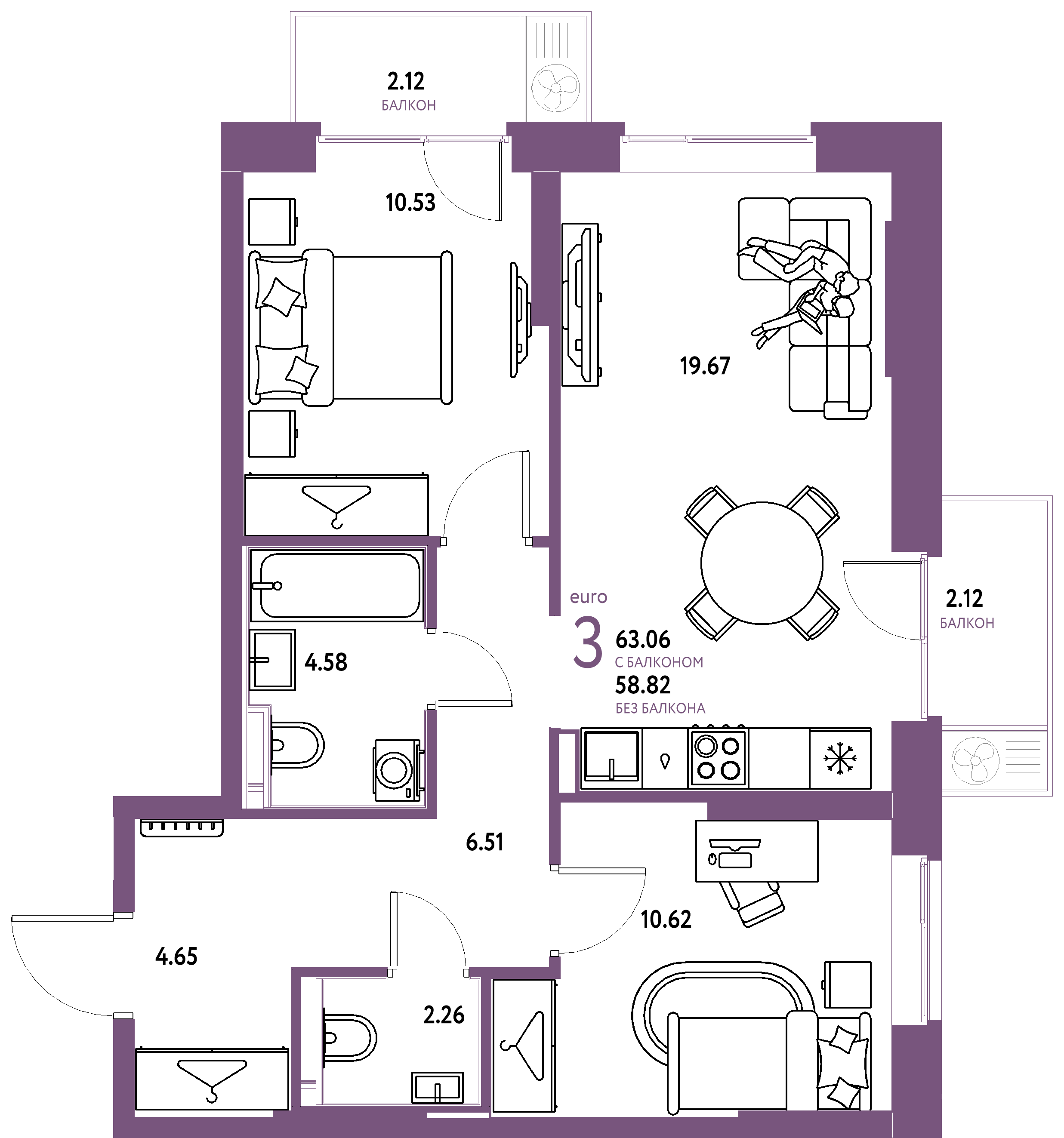 ЖК "Европейский берег 2.0"-3-комнатная 63.06 м²