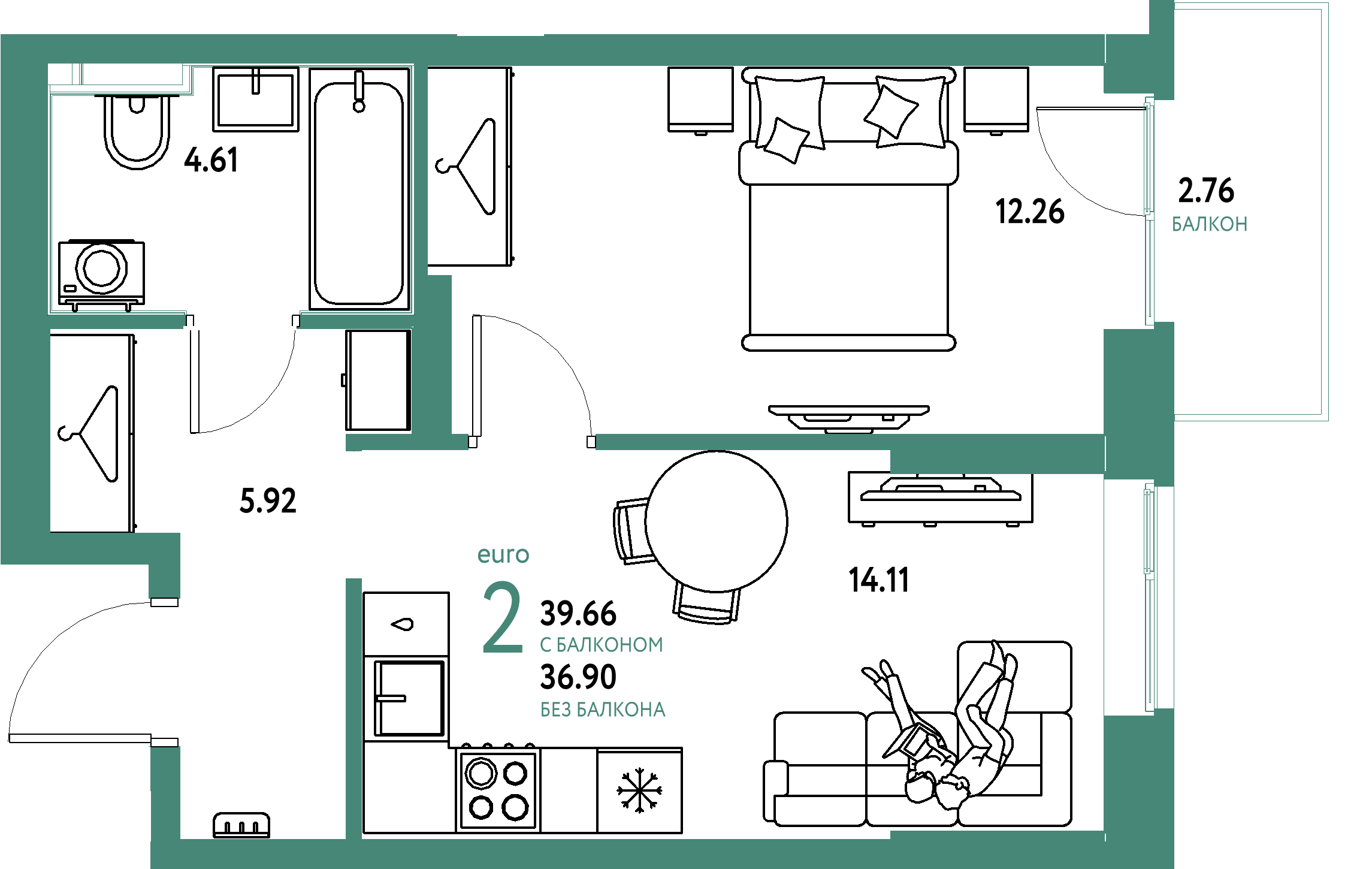 ЖК "Европейский берег 2.0"-2-комнатная 39.66 м²