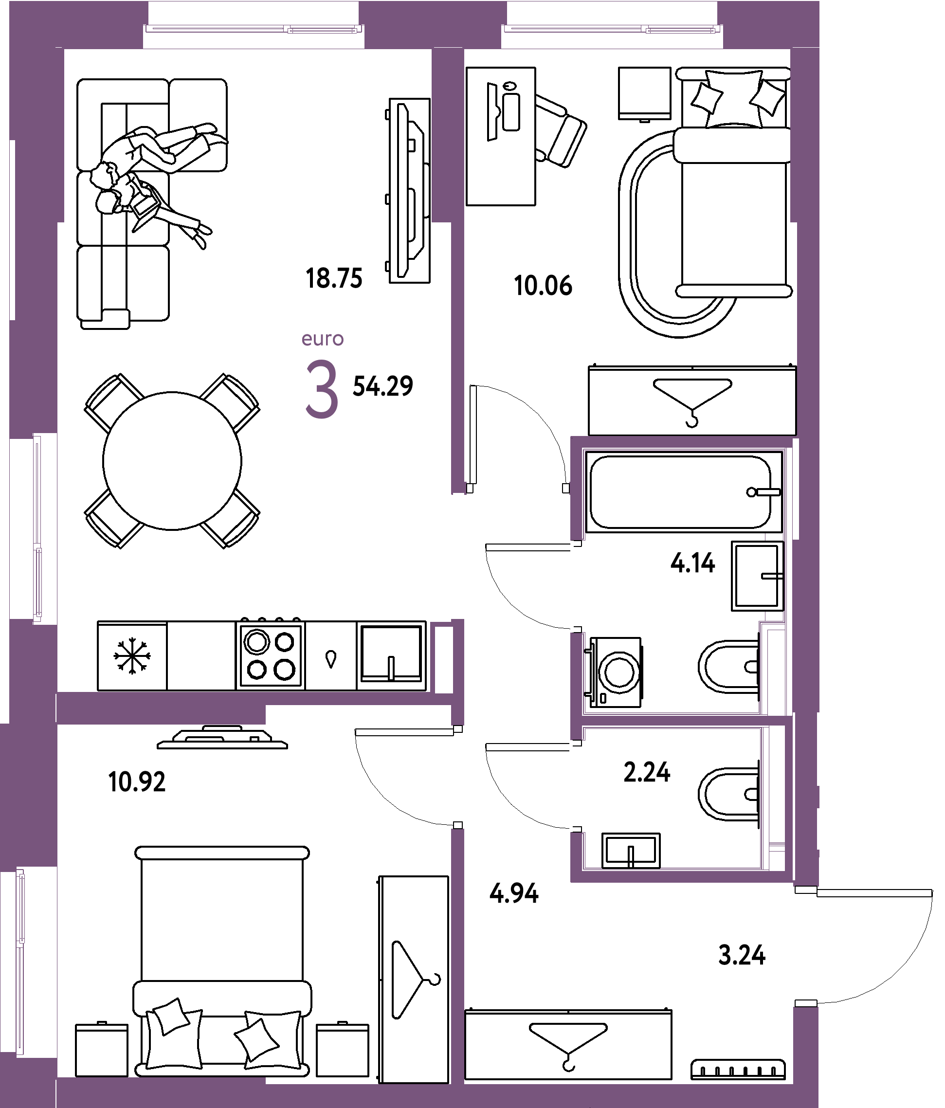 ЖК "Европейский берег 2.0"-3-комнатная 54.31 м²