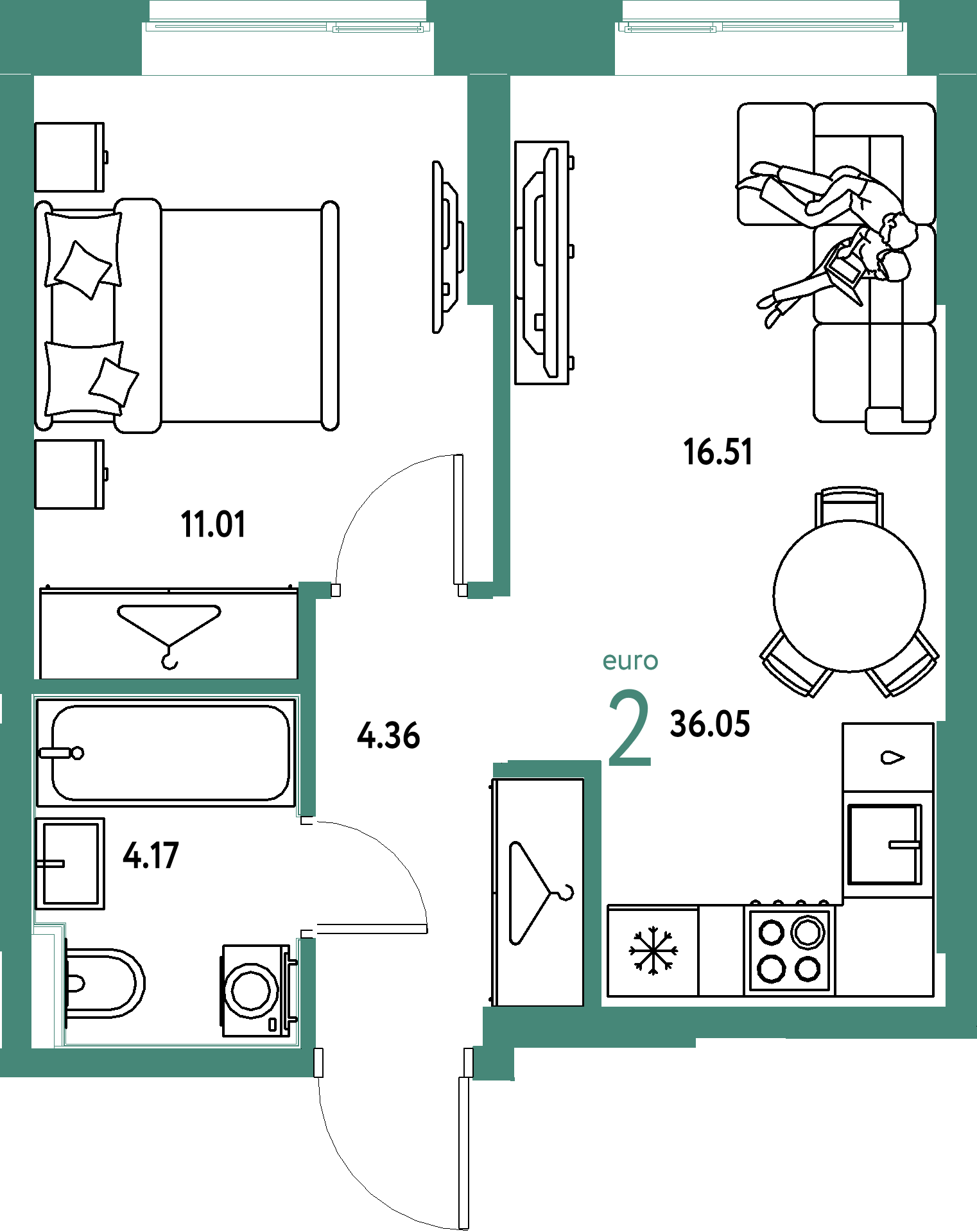 ЖК "Европейский берег 2.0"-2-комнатная 36.05 м²
