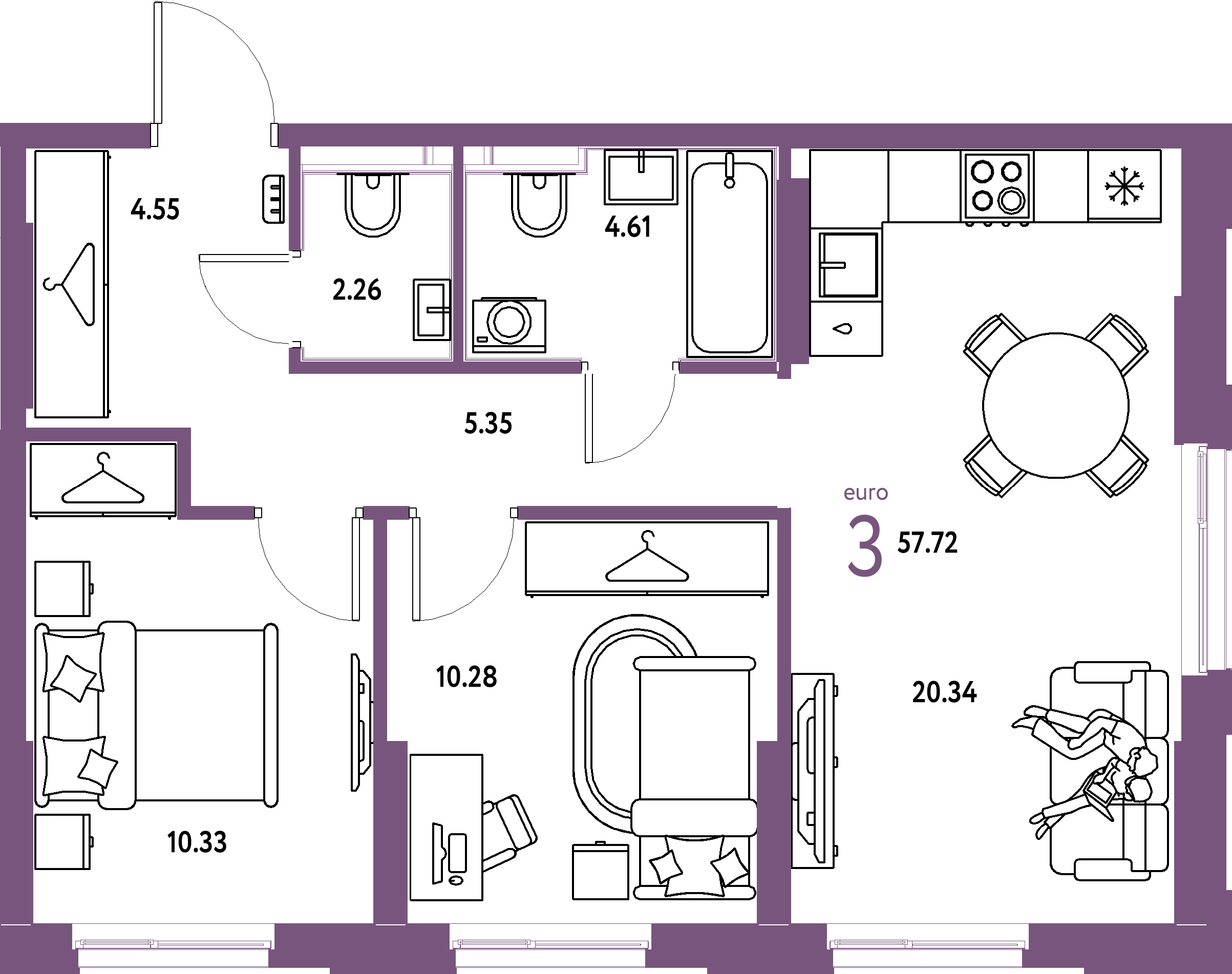 ЖК "Европейский берег 2.0"-3-комнатная 57.72 м²