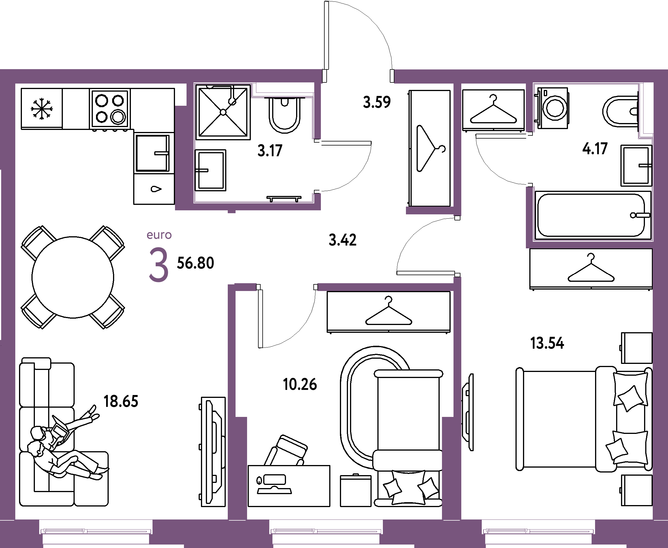 ЖК "Европейский берег 2.0"-3-комнатная 56.8 м²