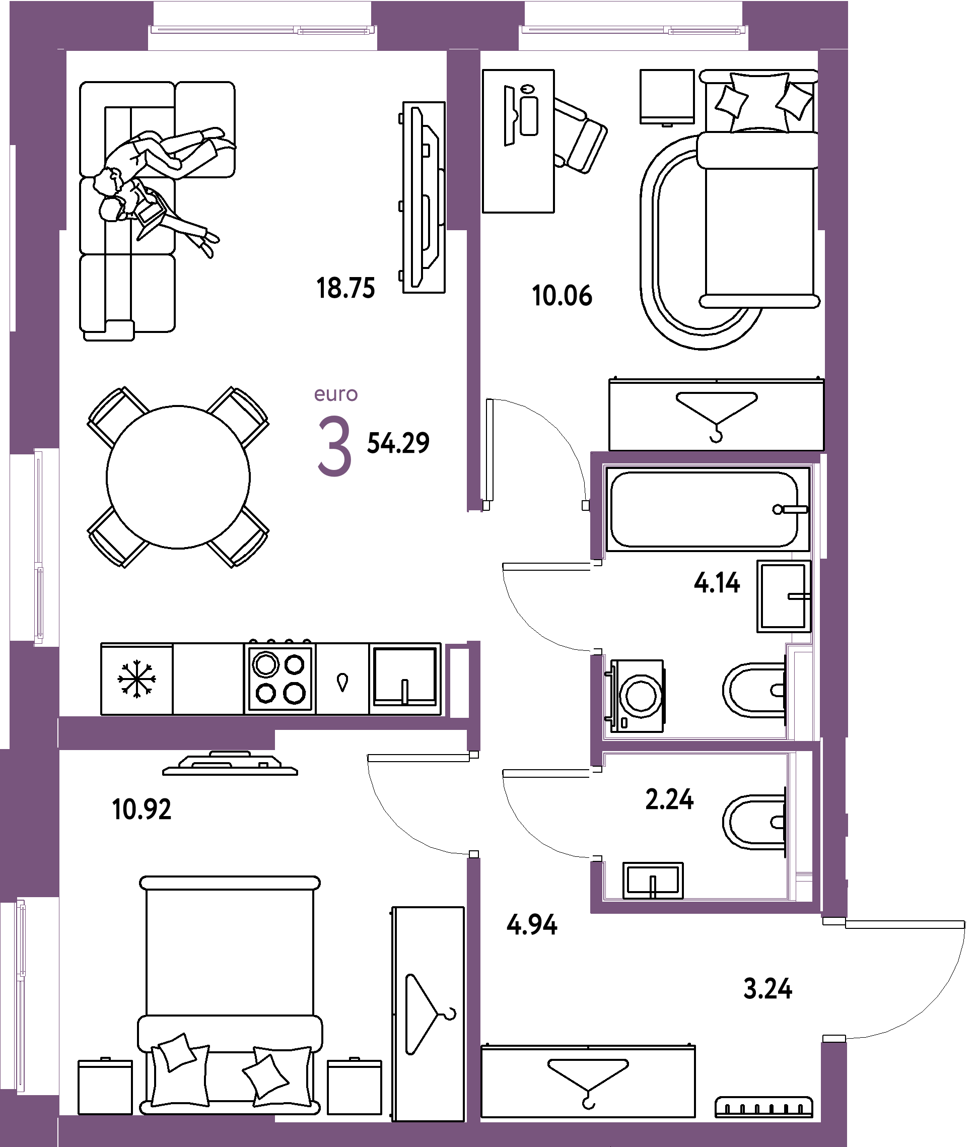 ЖК "Европейский берег 2.0"-3-комнатная 54.31 м²