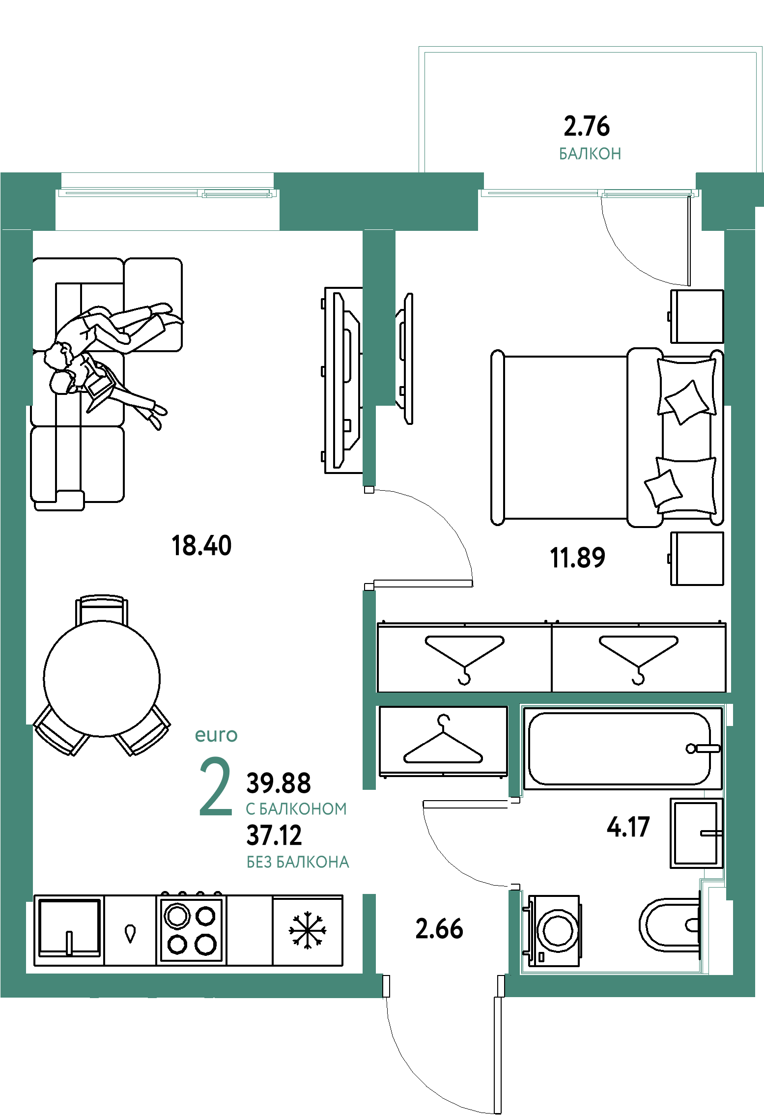 ЖК "Европейский берег 2.0"-2-комнатная 39.88 м²