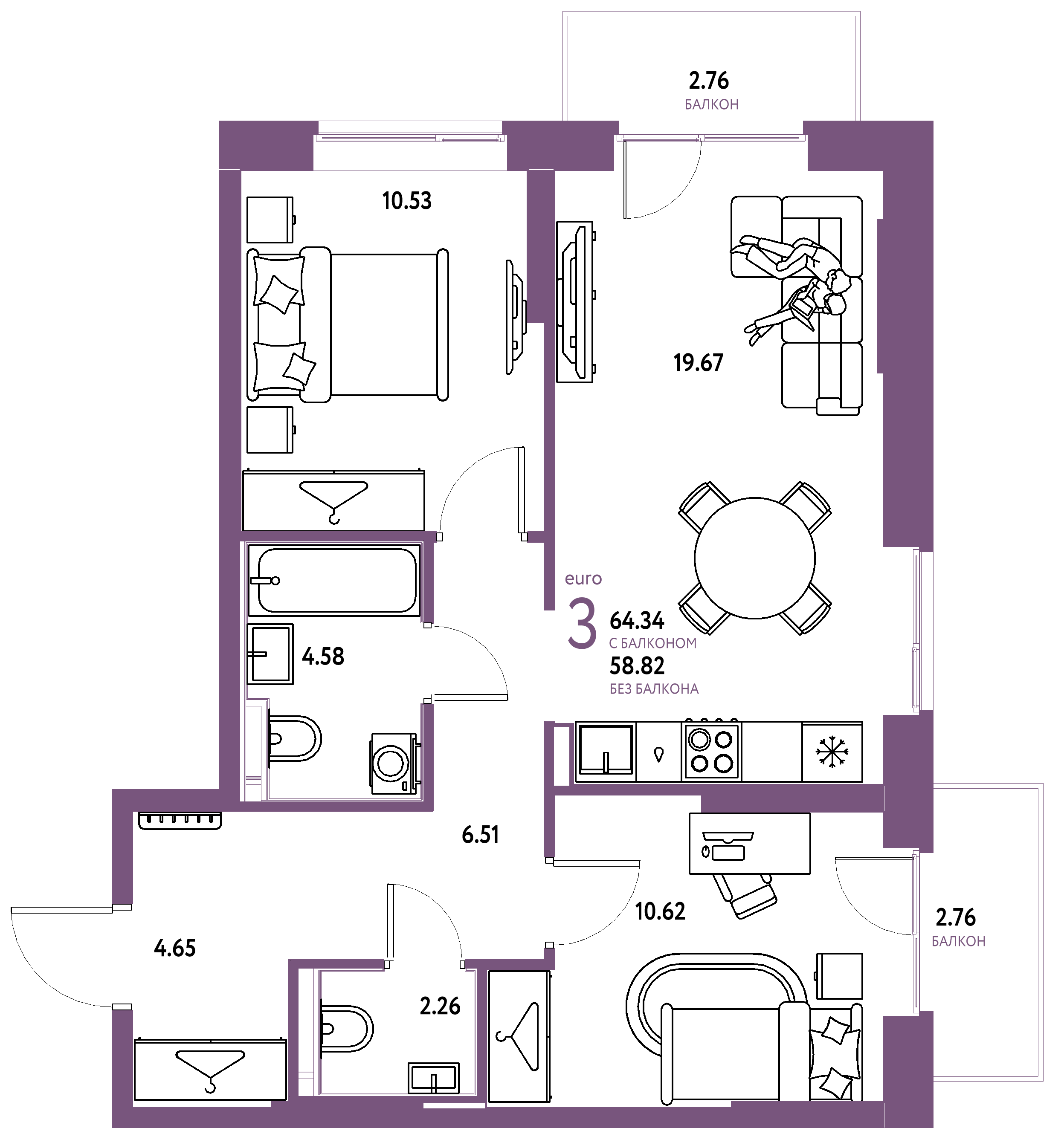 ЖК "Европейский берег 2.0"-3-комнатная 64.34 м²