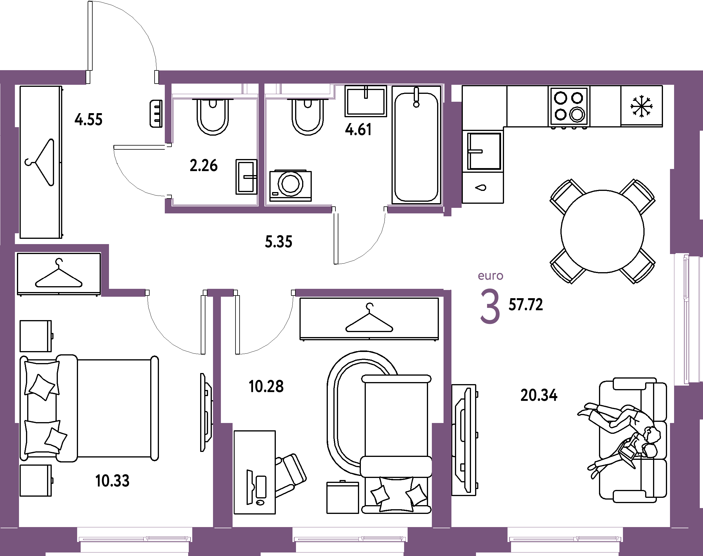 ЖК "Европейский берег 2.0"-3-комнатная 57.72 м²