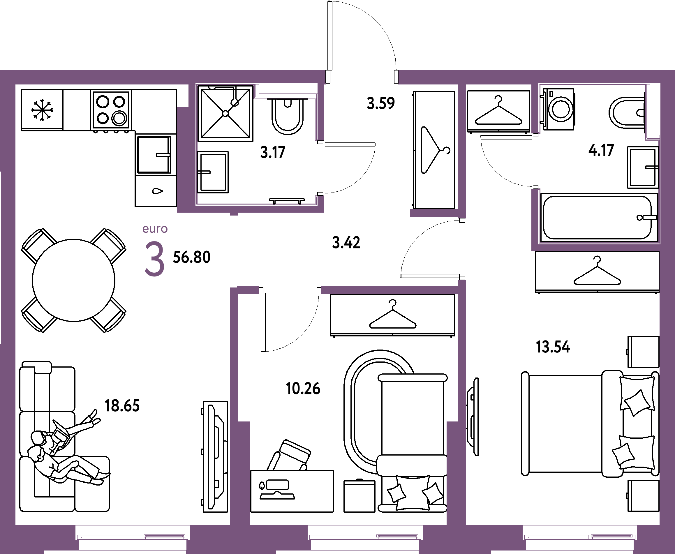 ЖК "Европейский берег 2.0"-3-комнатная 56.8 м²