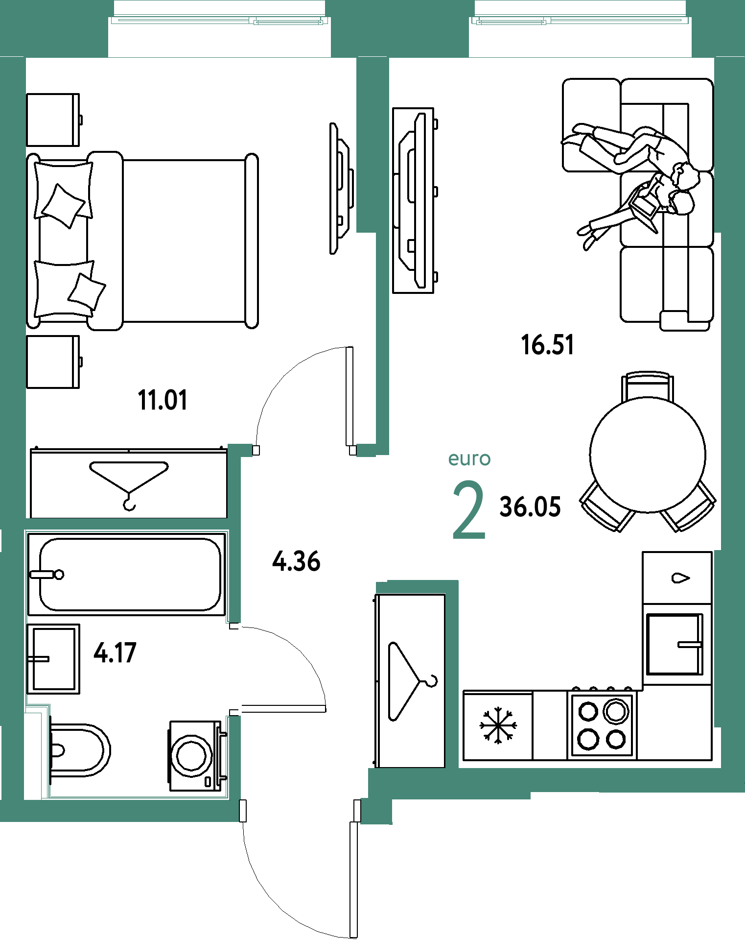 ЖК "Европейский берег 2.0"-2-комнатная 36.05 м²