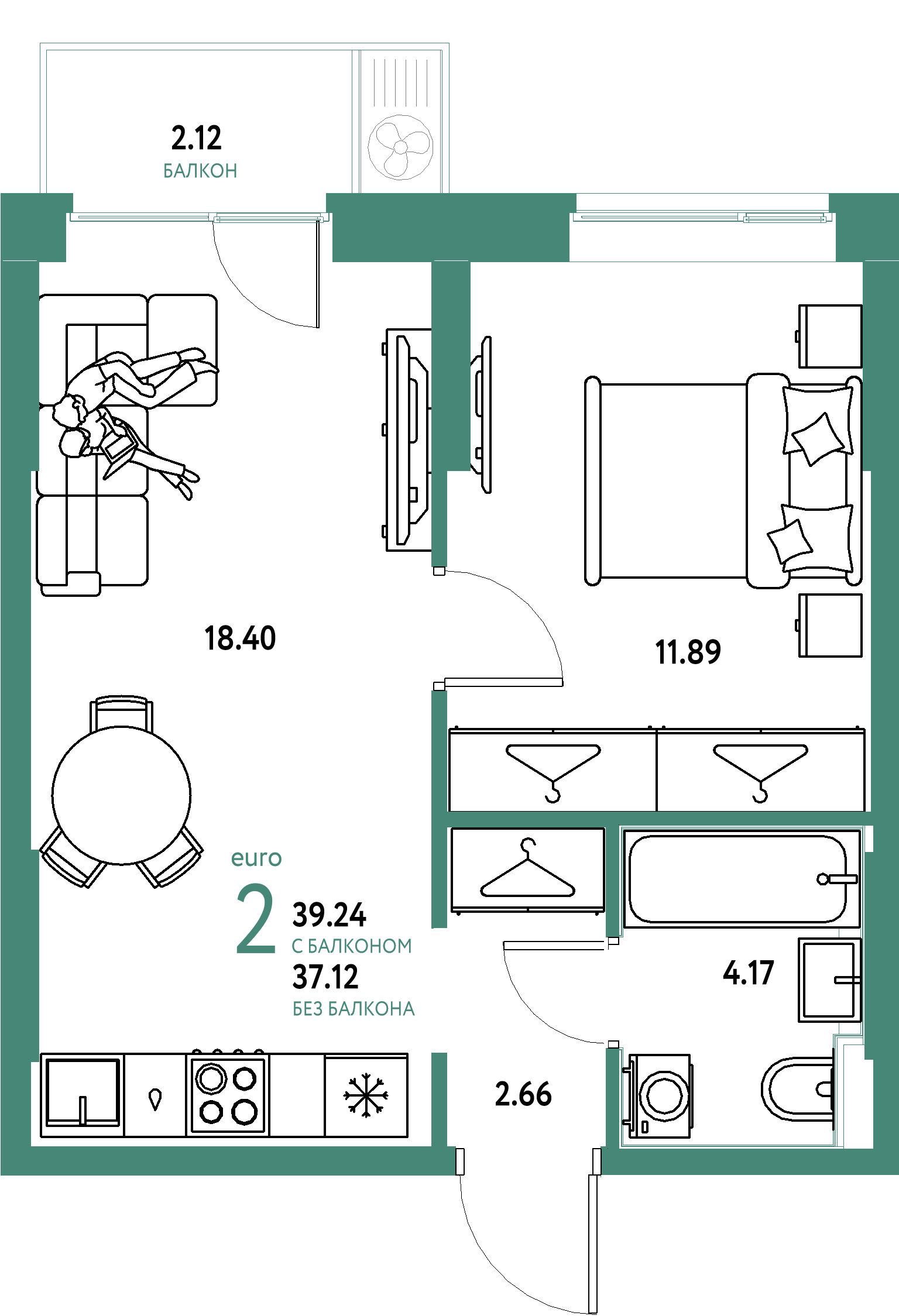 ЖК "Европейский берег 2.0"-2-комнатная 39.24 м²