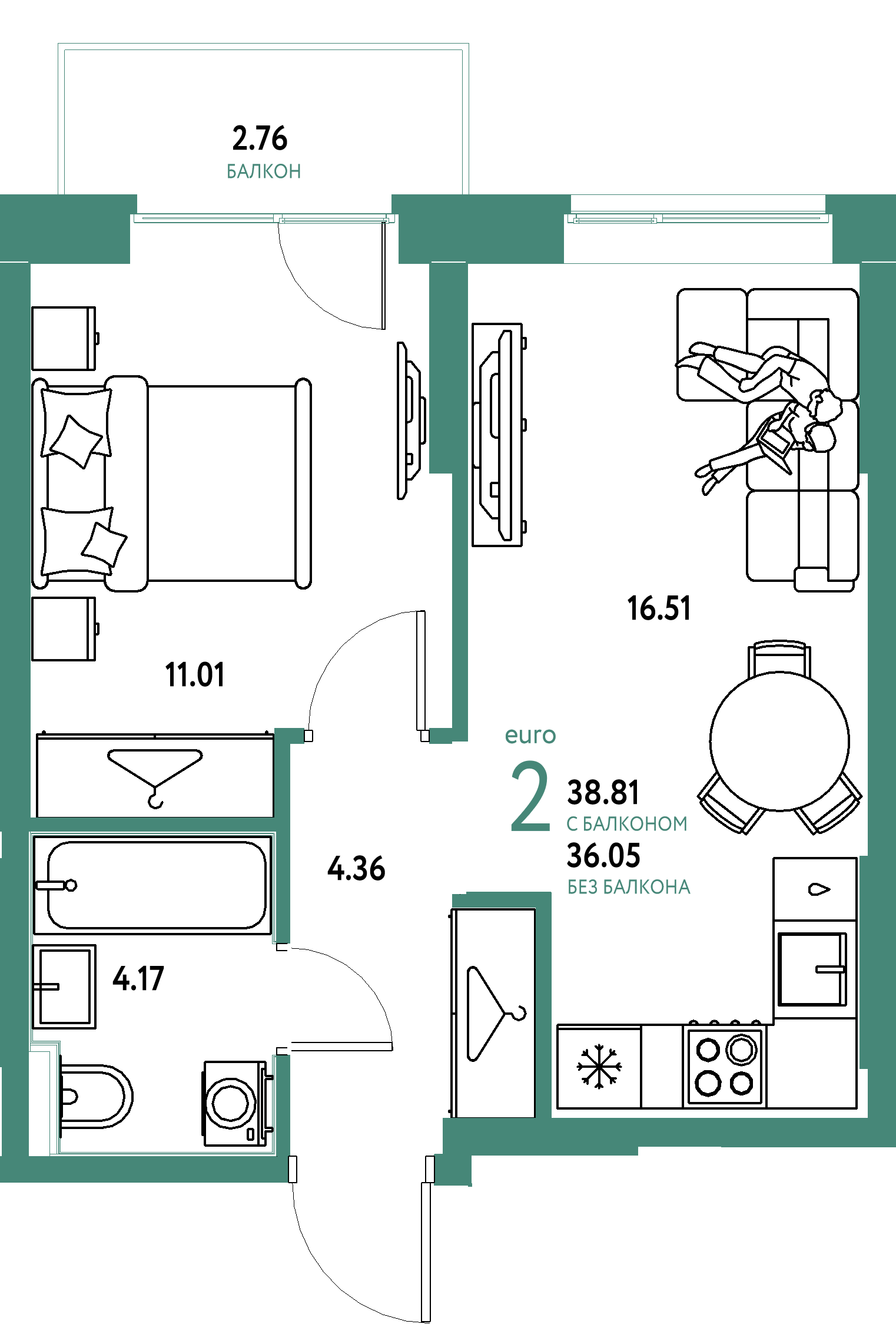 ЖК "Европейский берег 2.0"-2-комнатная 38.81 м²