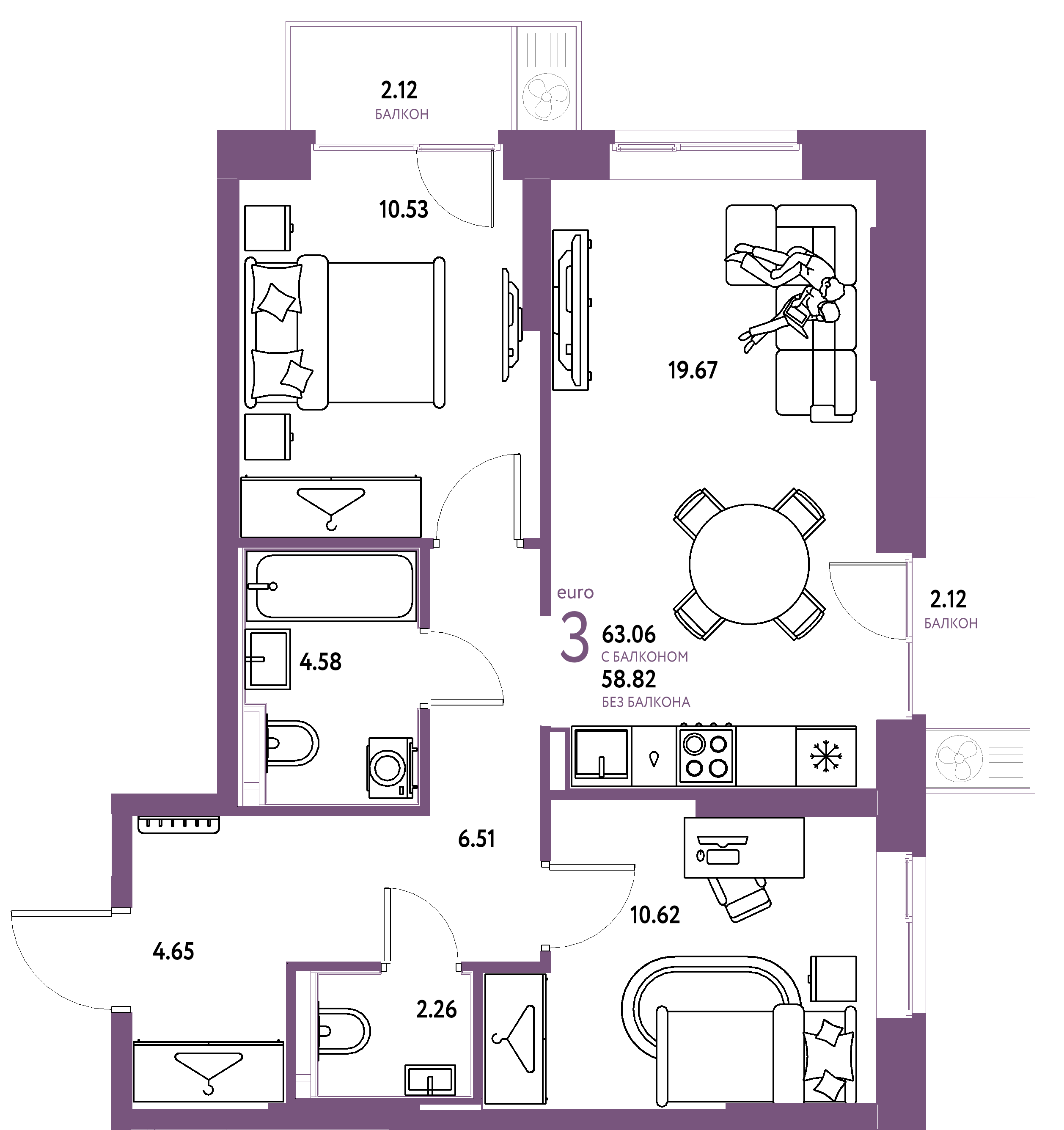 ЖК "Европейский берег 2.0"-3-комнатная 63.06 м²