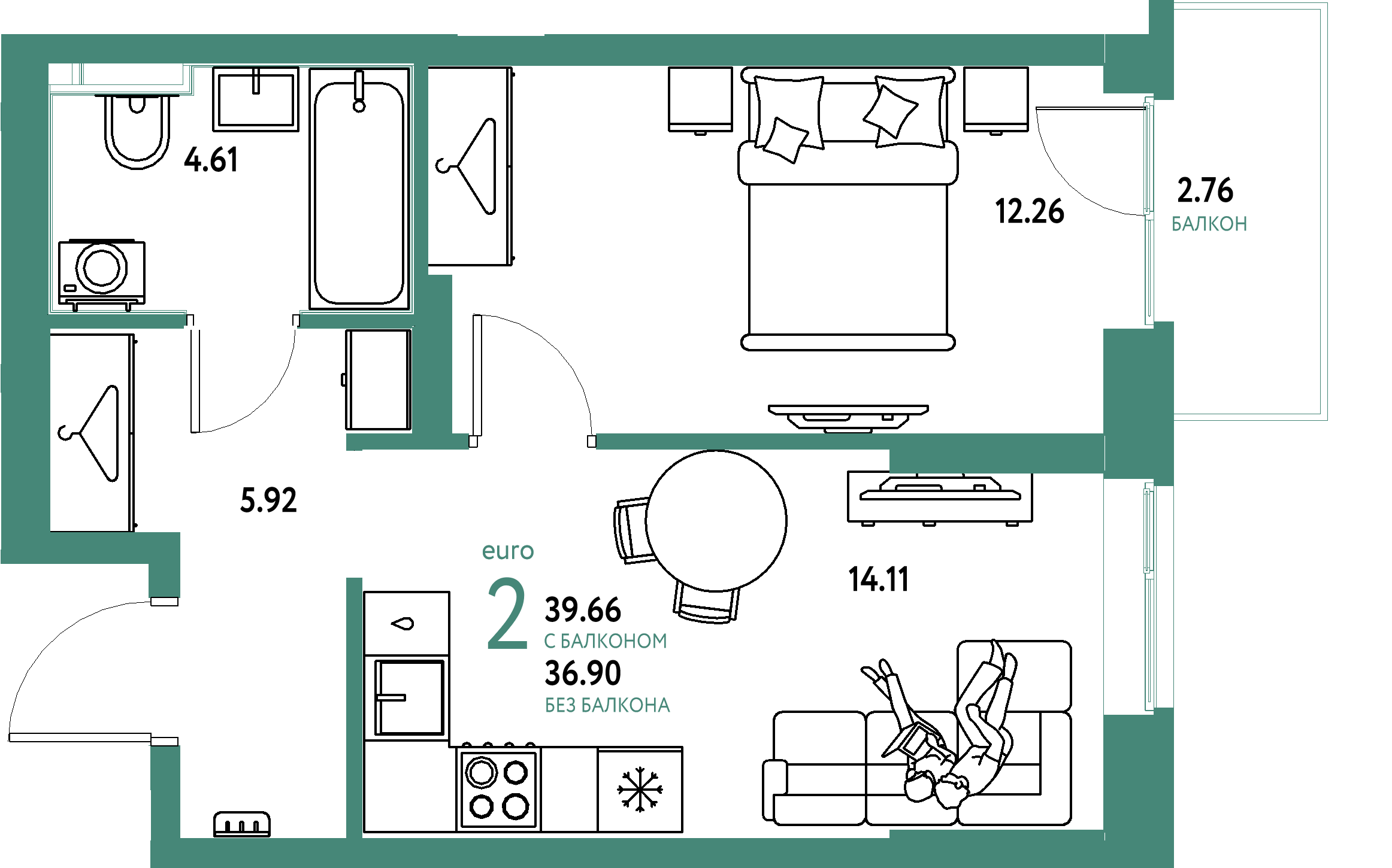ЖК "Европейский берег 2.0"-2-комнатная 39.66 м²