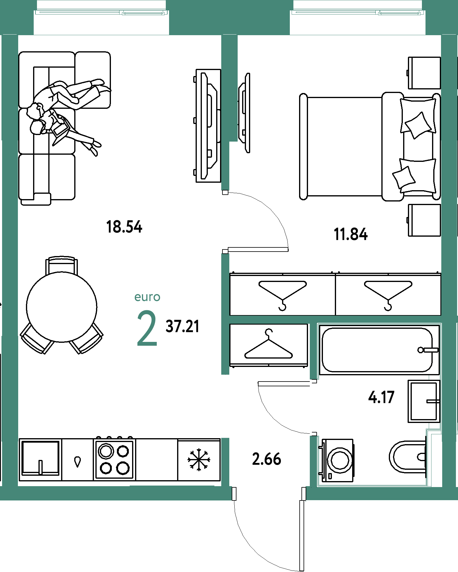 ЖК "Европейский берег 2.0"-2-комнатная 37.21 м²