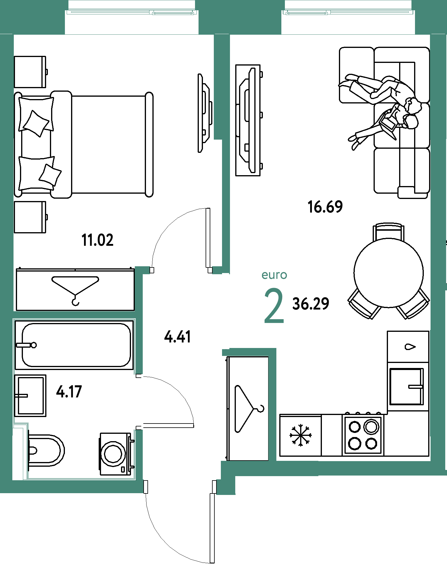 ЖК "Европейский берег 2.0"-2-комнатная 36.29 м²