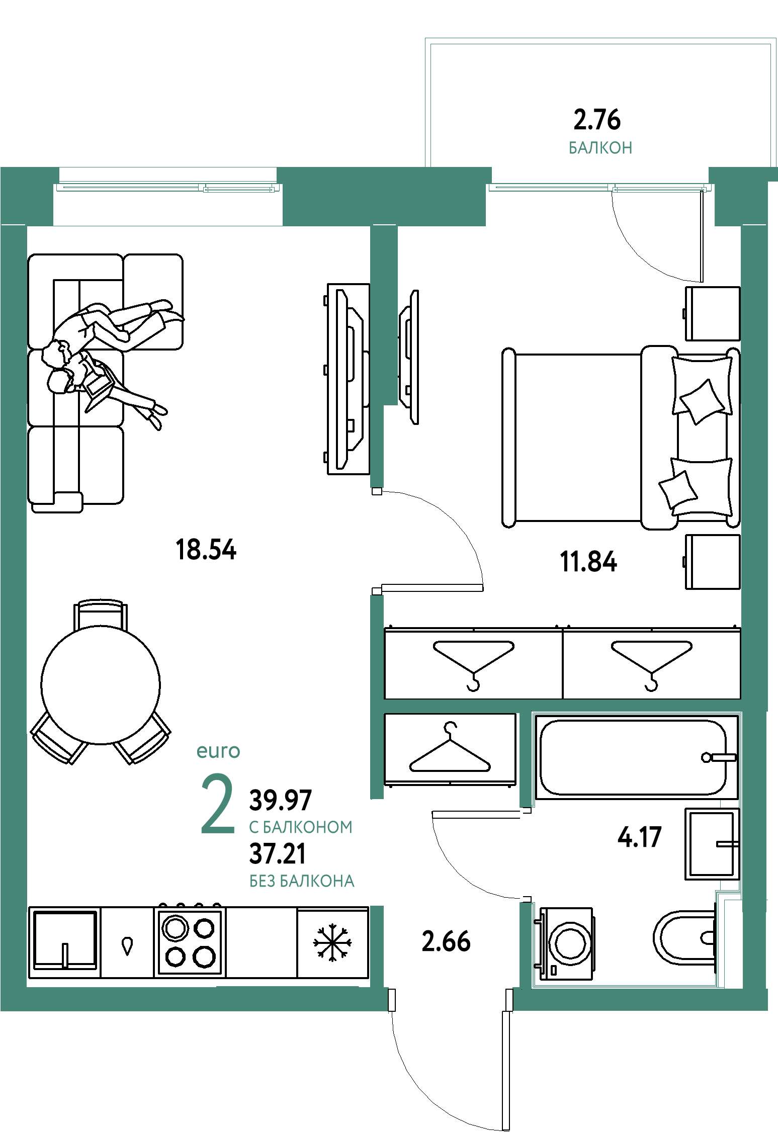 ЖК "Европейский берег 2.0"-2-комнатная 39.97 м²