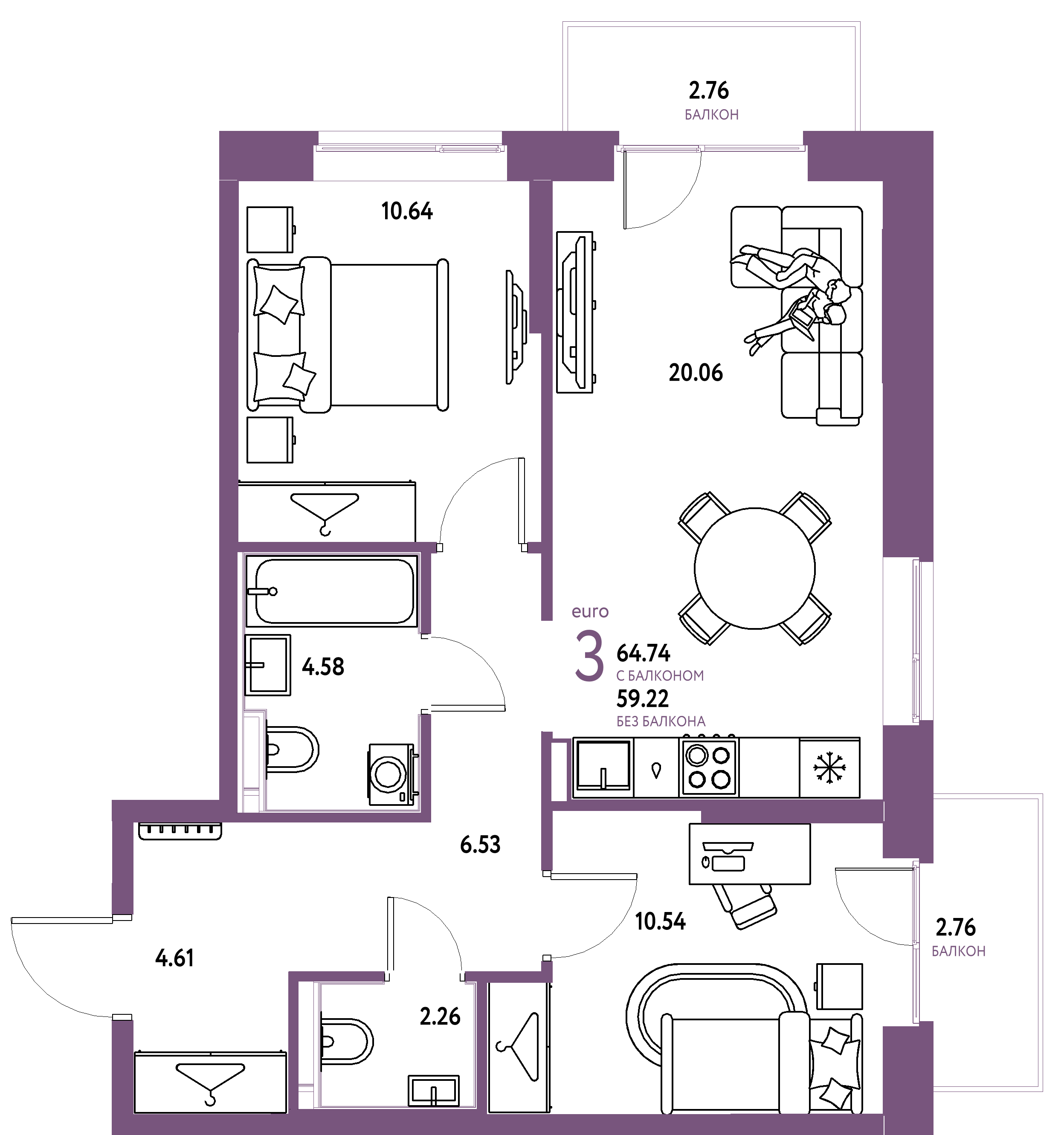 ЖК "Европейский берег 2.0"-3-комнатная 64.74 м²