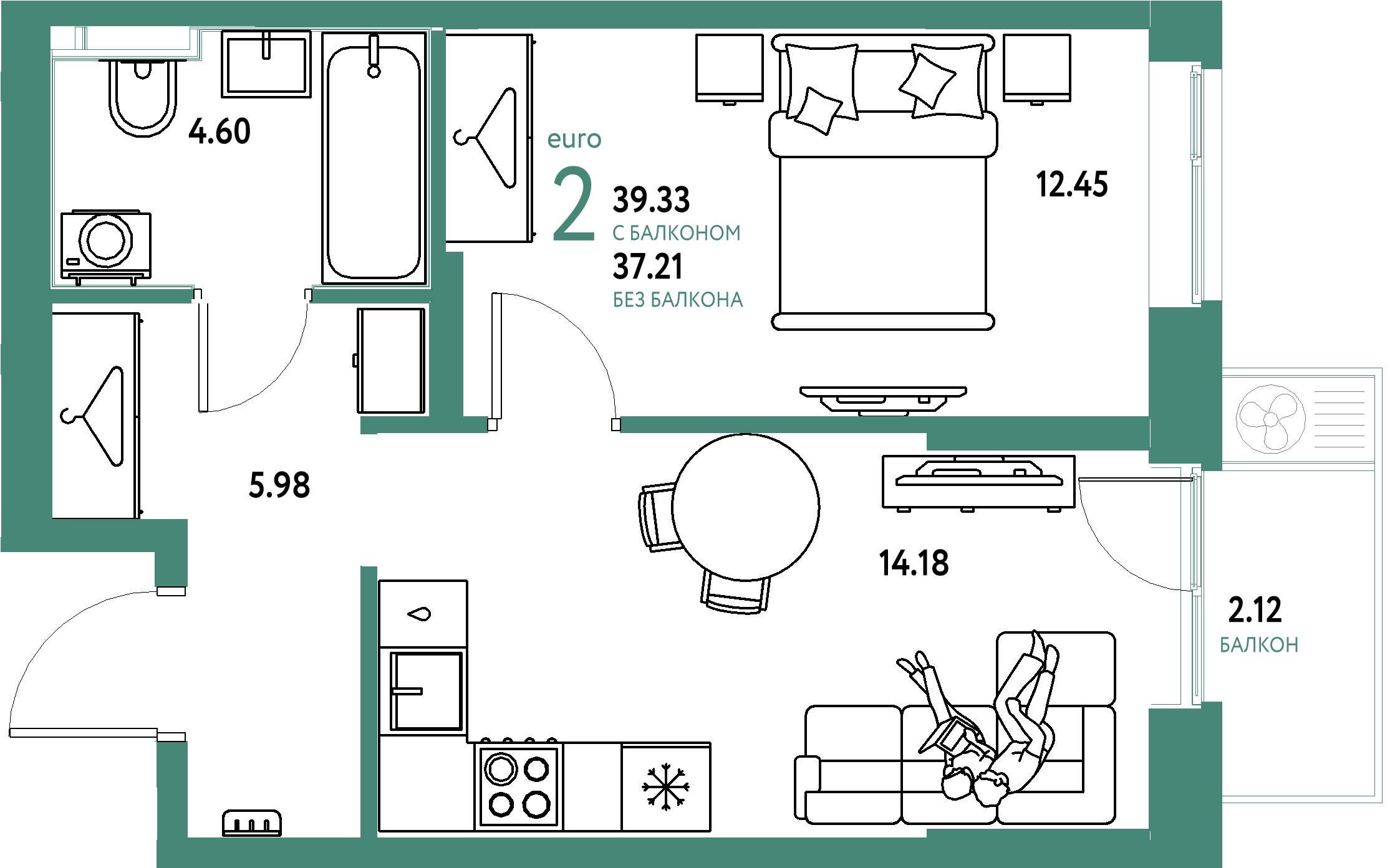 ЖК "Европейский берег 2.0"-2-комнатная 39.34 м²