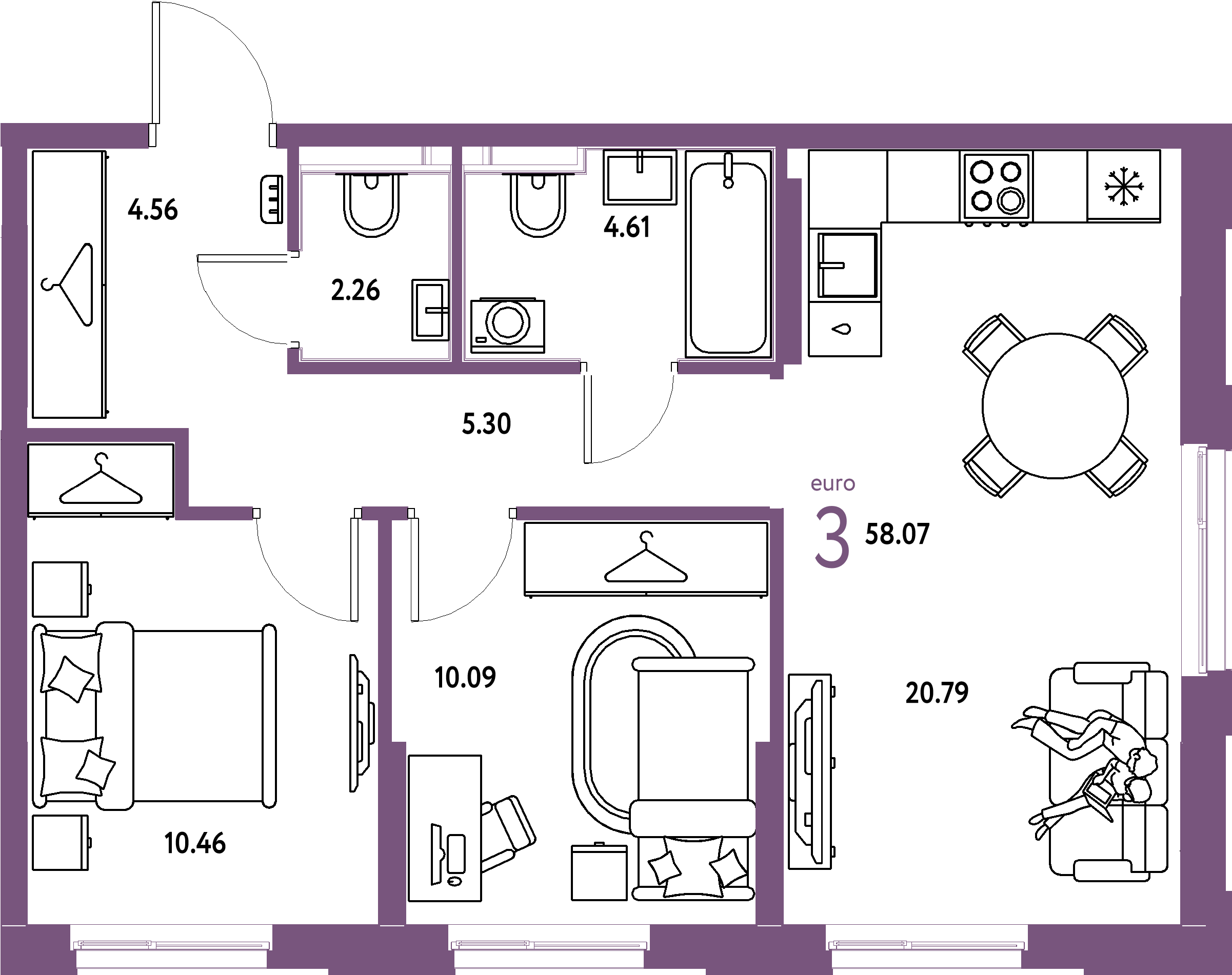 ЖК "Европейский берег 2.0"-3-комнатная 58.07 м²
