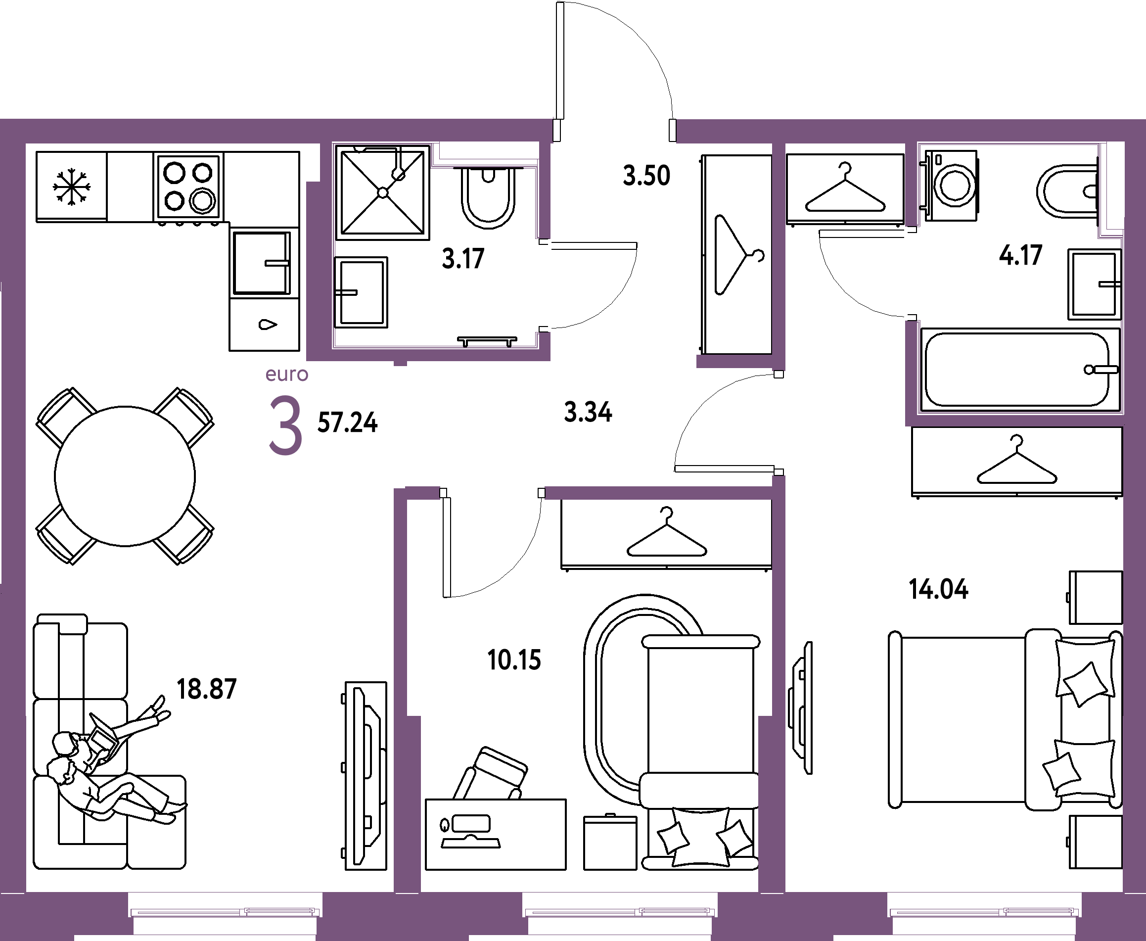 ЖК "Европейский берег 2.0"-3-комнатная 57.24 м²