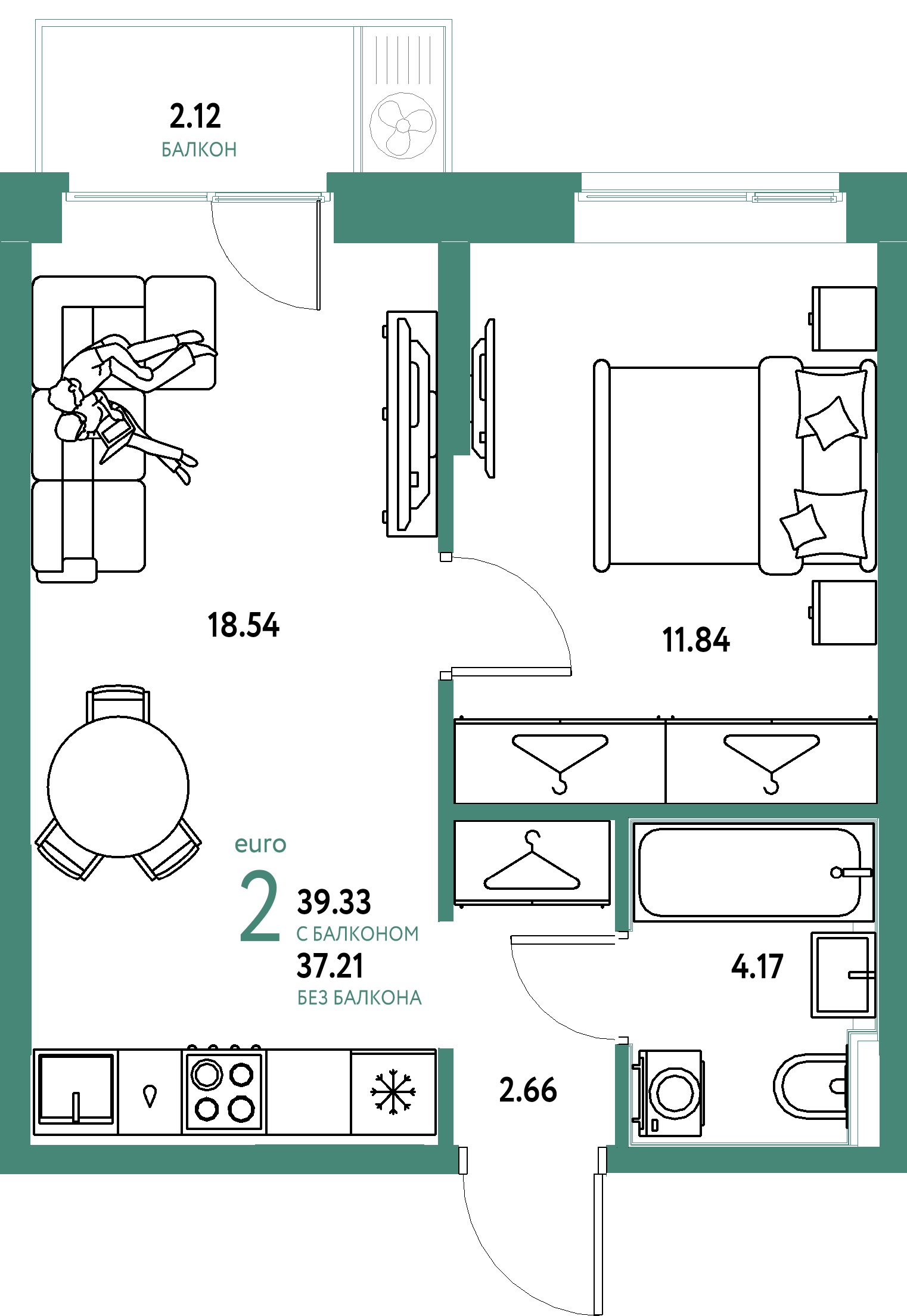 ЖК "Европейский берег 2.0"-2-комнатная 39.33 м²