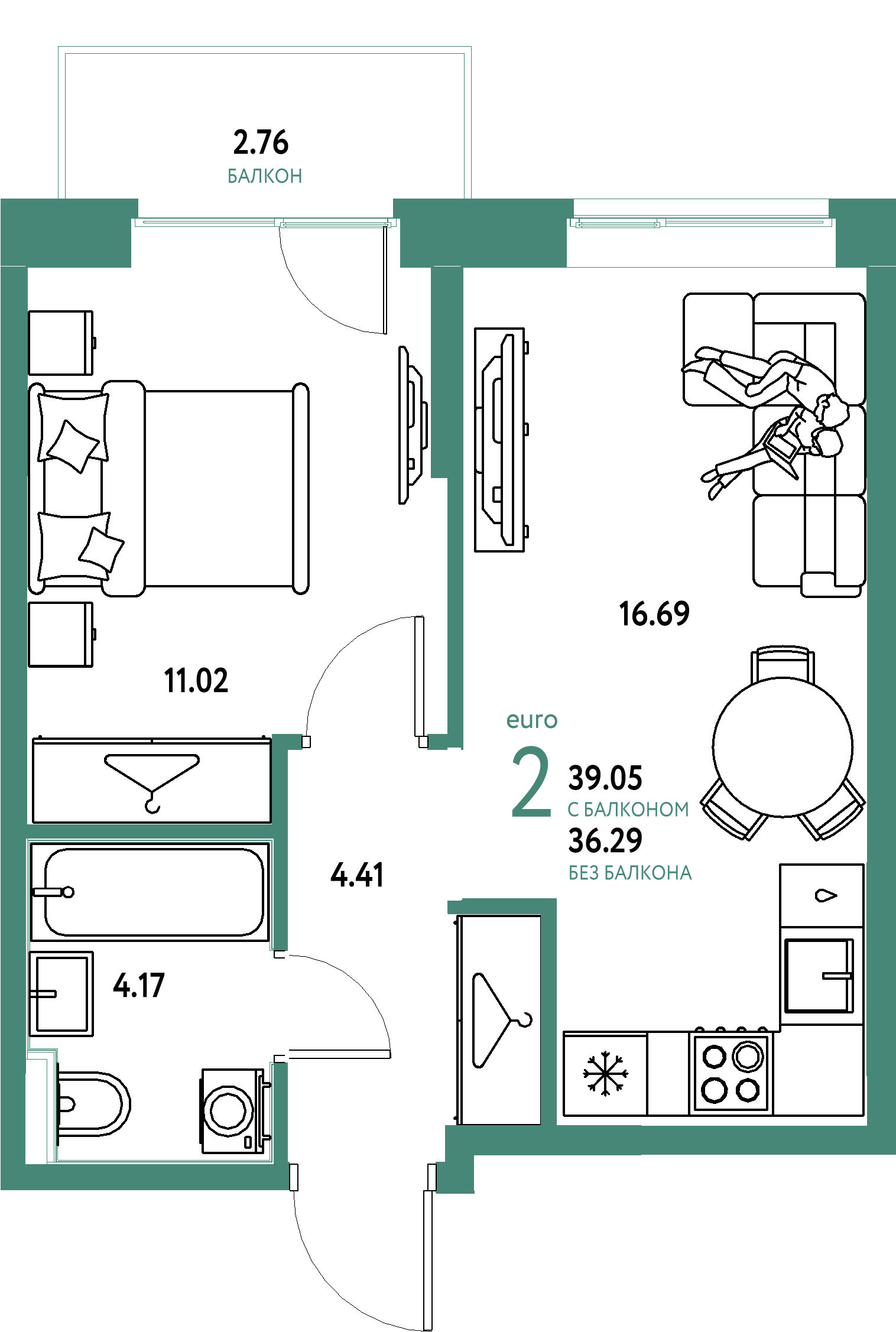 ЖК "Европейский берег 2.0"-2-комнатная 39.05 м²