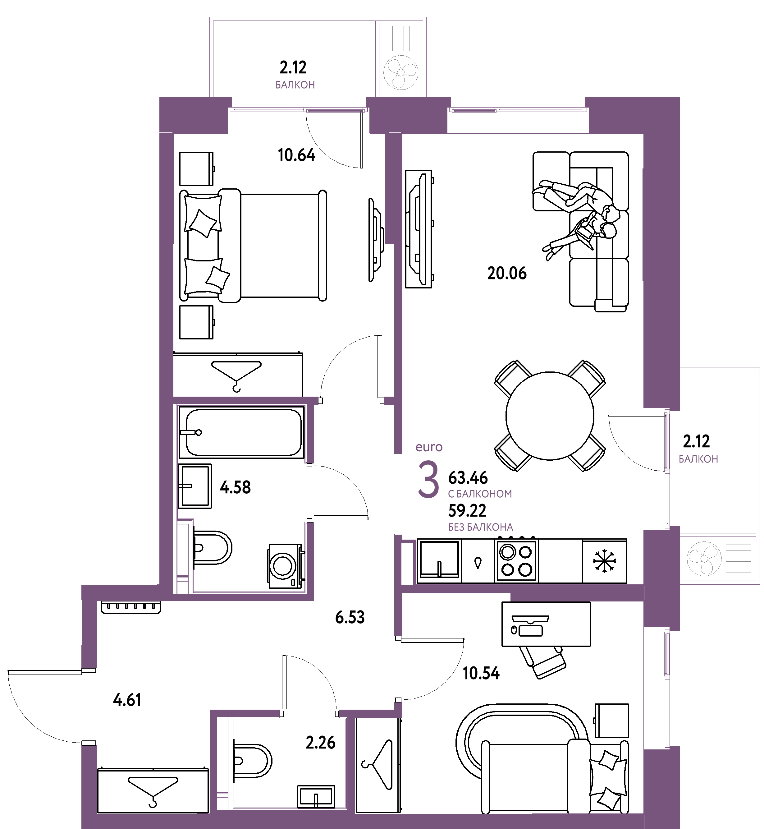 ЖК "Европейский берег 2.0"-3-комнатная 63.46 м²