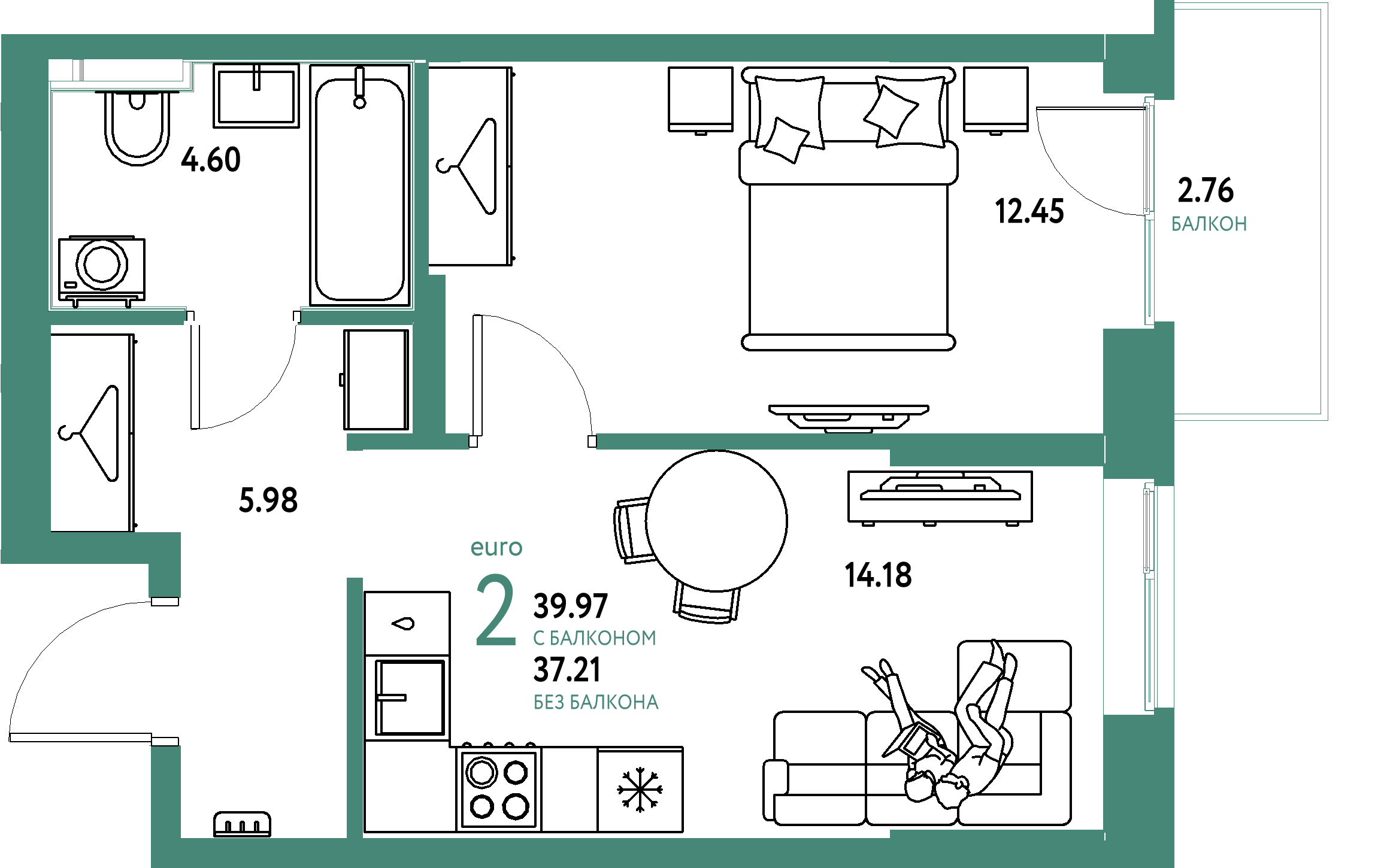 ЖК "Европейский берег 2.0"-2-комнатная 39.98 м²