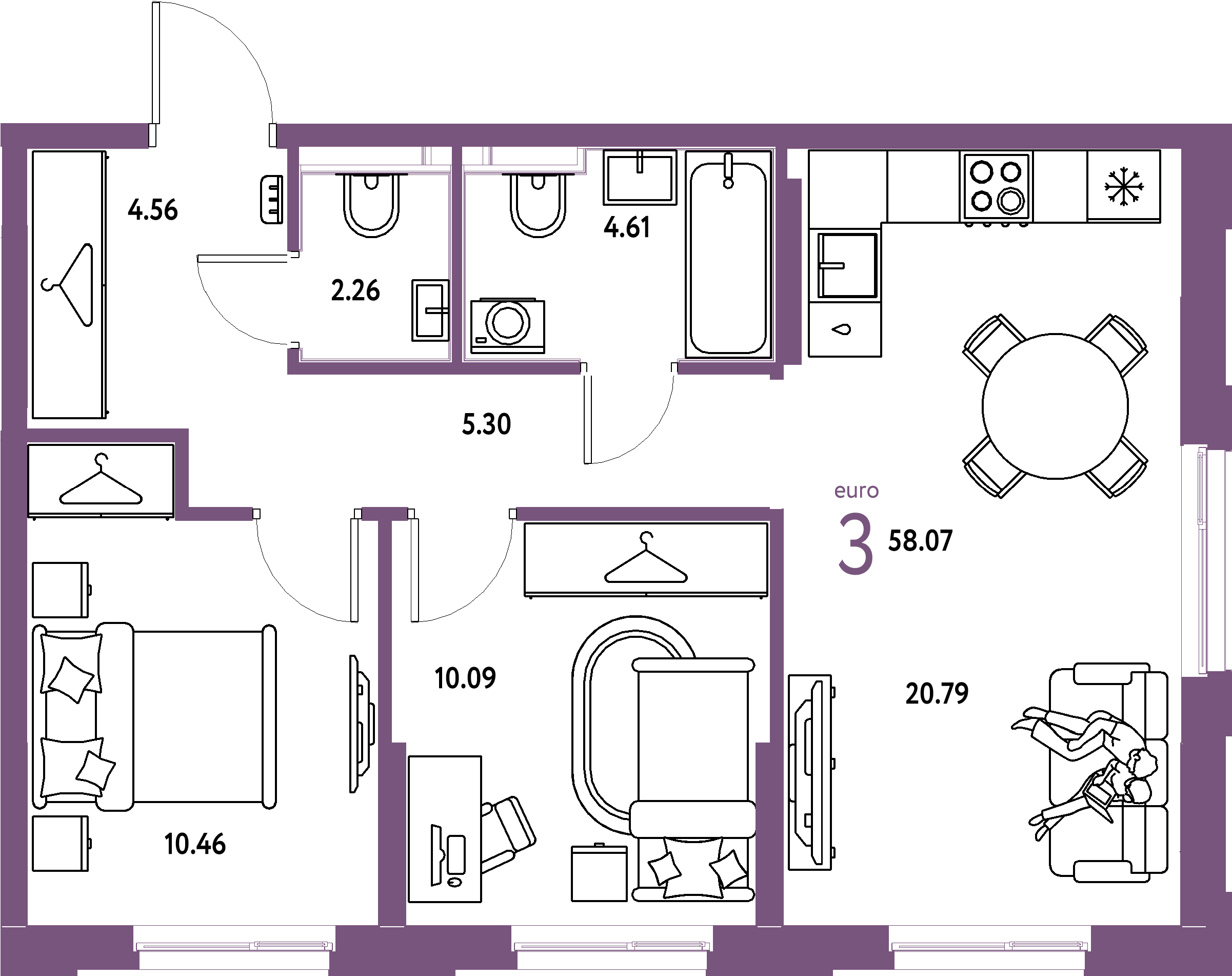 ЖК "Европейский берег 2.0"-3-комнатная 58.07 м²