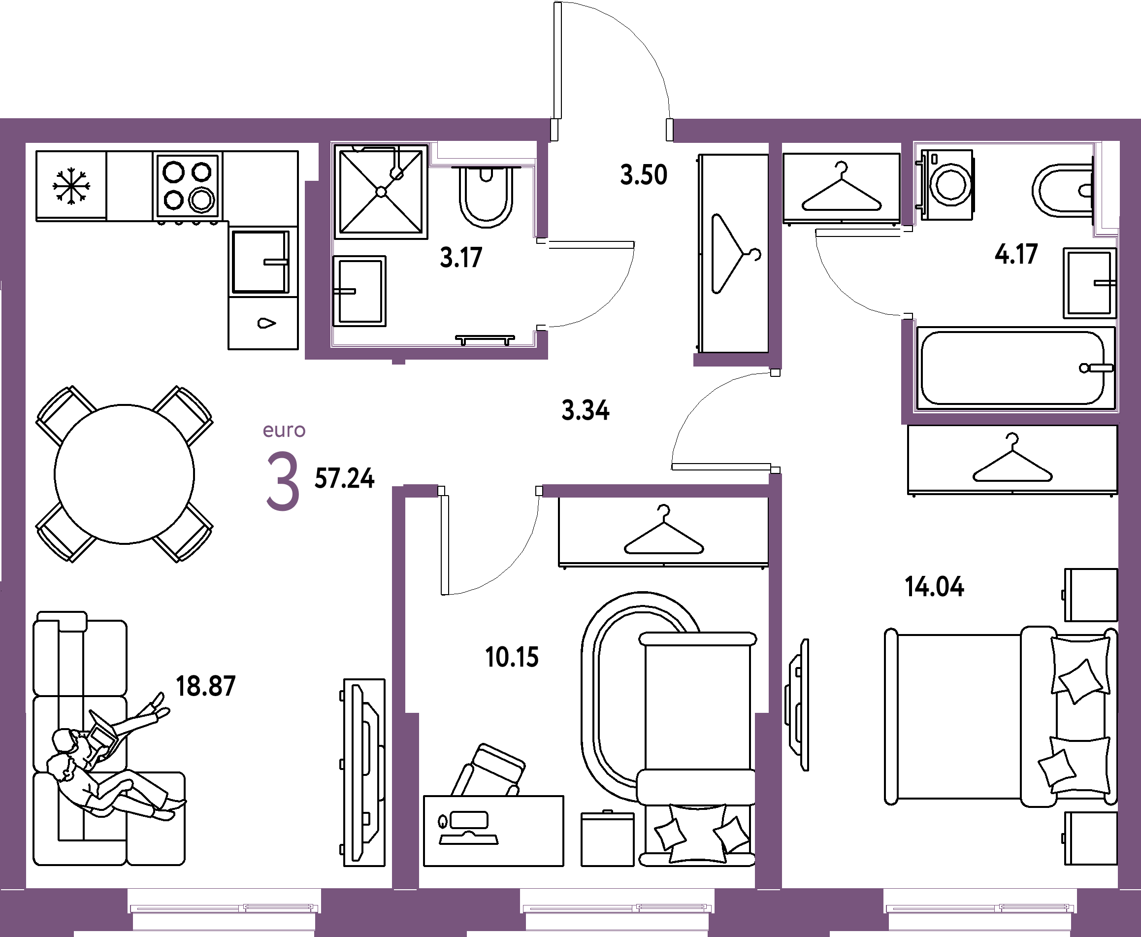 ЖК "Европейский берег 2.0"-3-комнатная 57.24 м²
