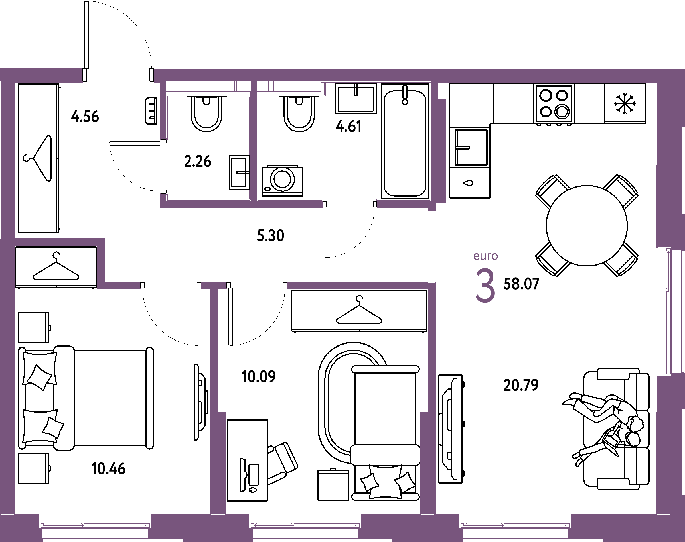 ЖК "Европейский берег 2.0"-3-комнатная 58.07 м²