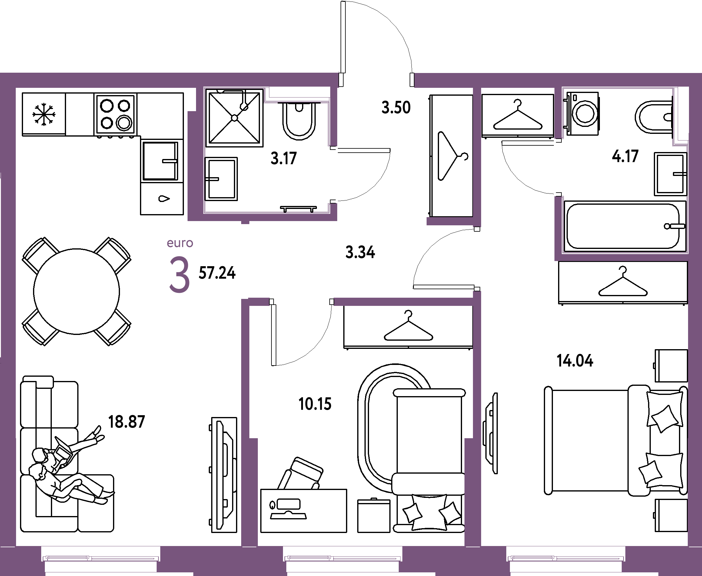 ЖК "Европейский берег 2.0"-3-комнатная 57.24 м²