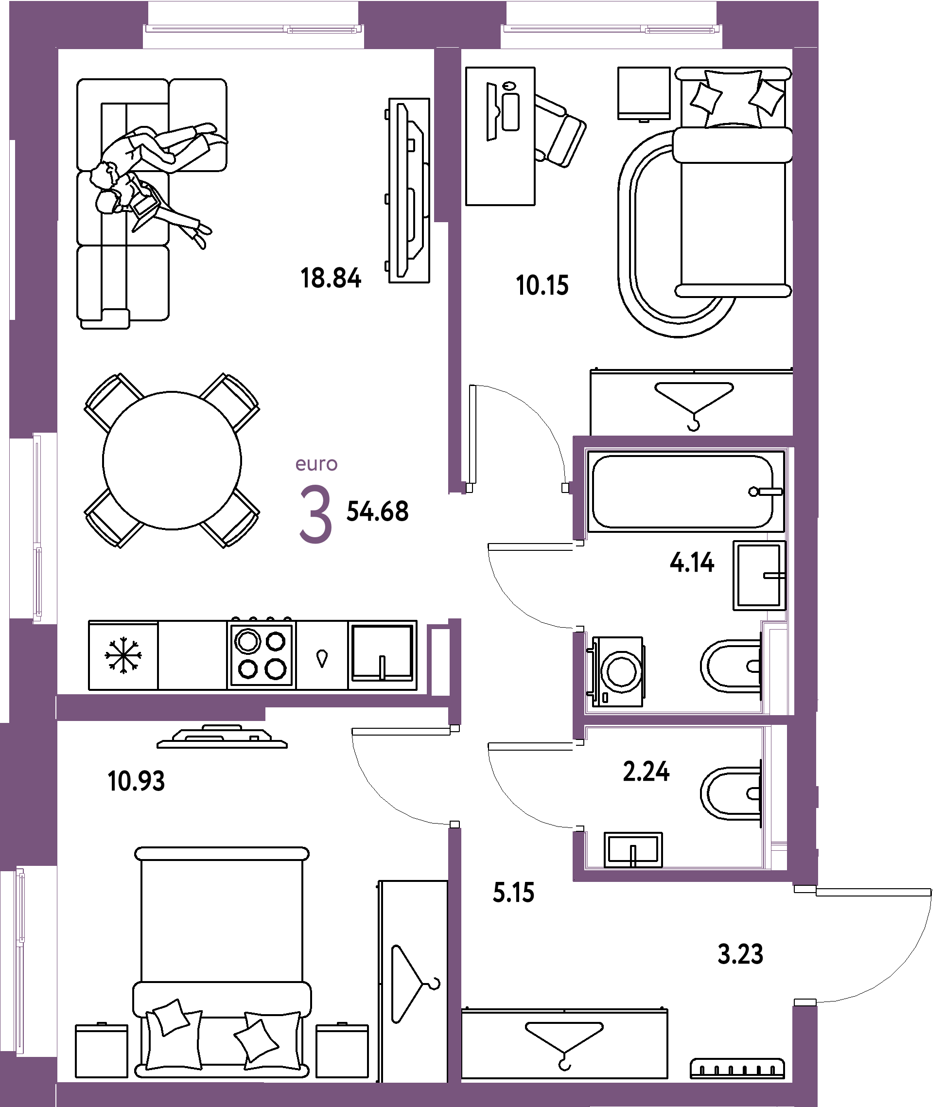 ЖК "Европейский берег 2.0"-3-комнатная 54.7 м²