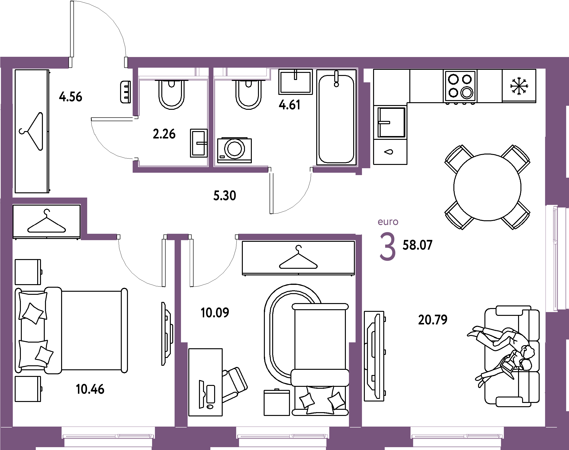 ЖК "Европейский берег 2.0"-3-комнатная 58.07 м²