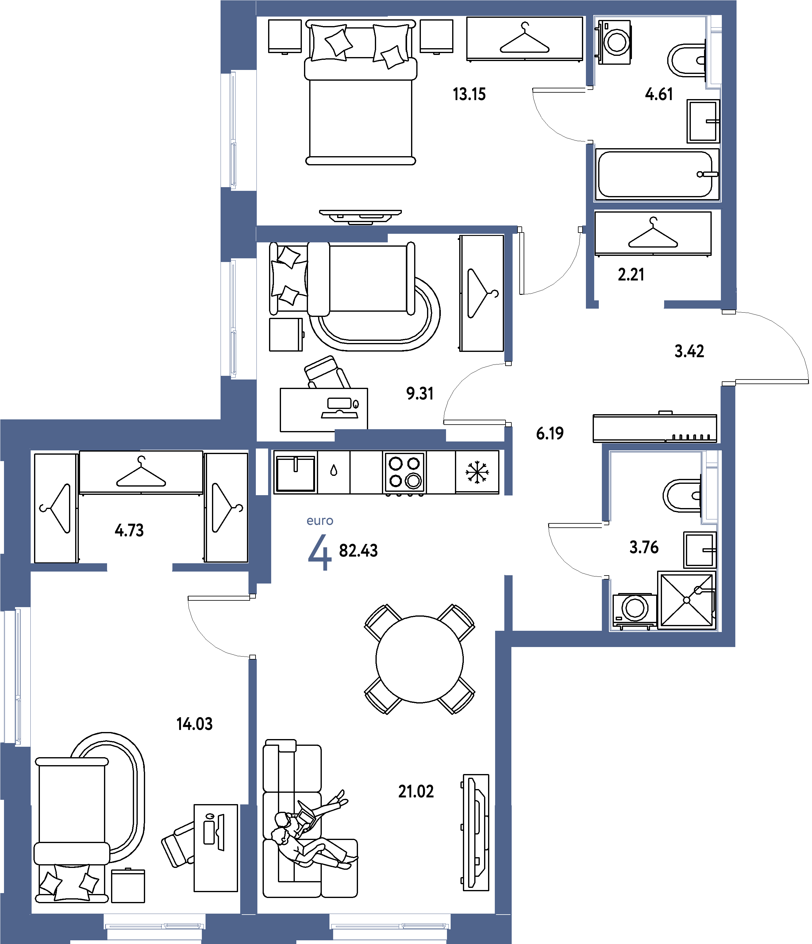 ЖК "Европейский берег 2.0"-4-комнатная 82.43 м²