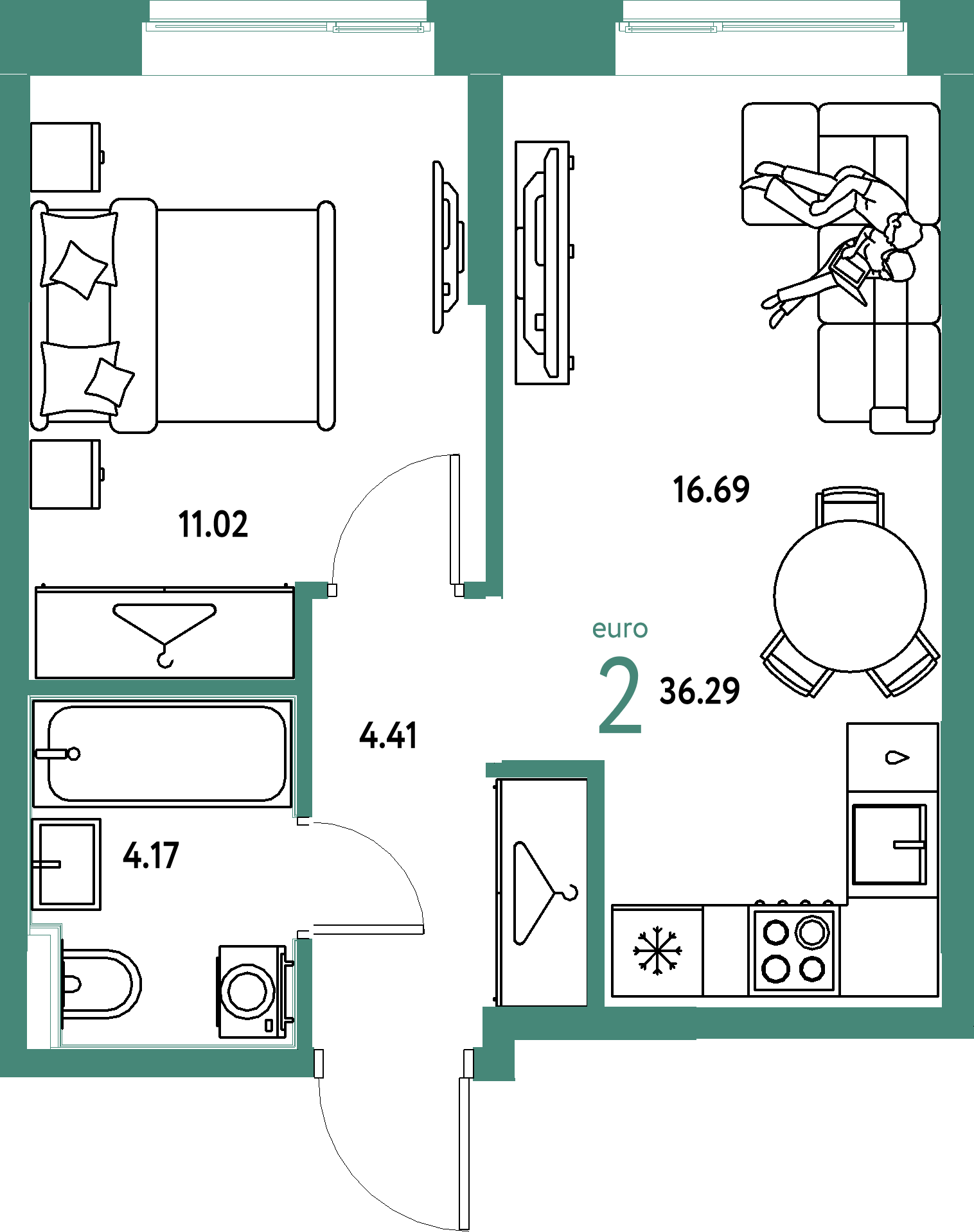 ЖК "Европейский берег 2.0"-2-комнатная 36.29 м²