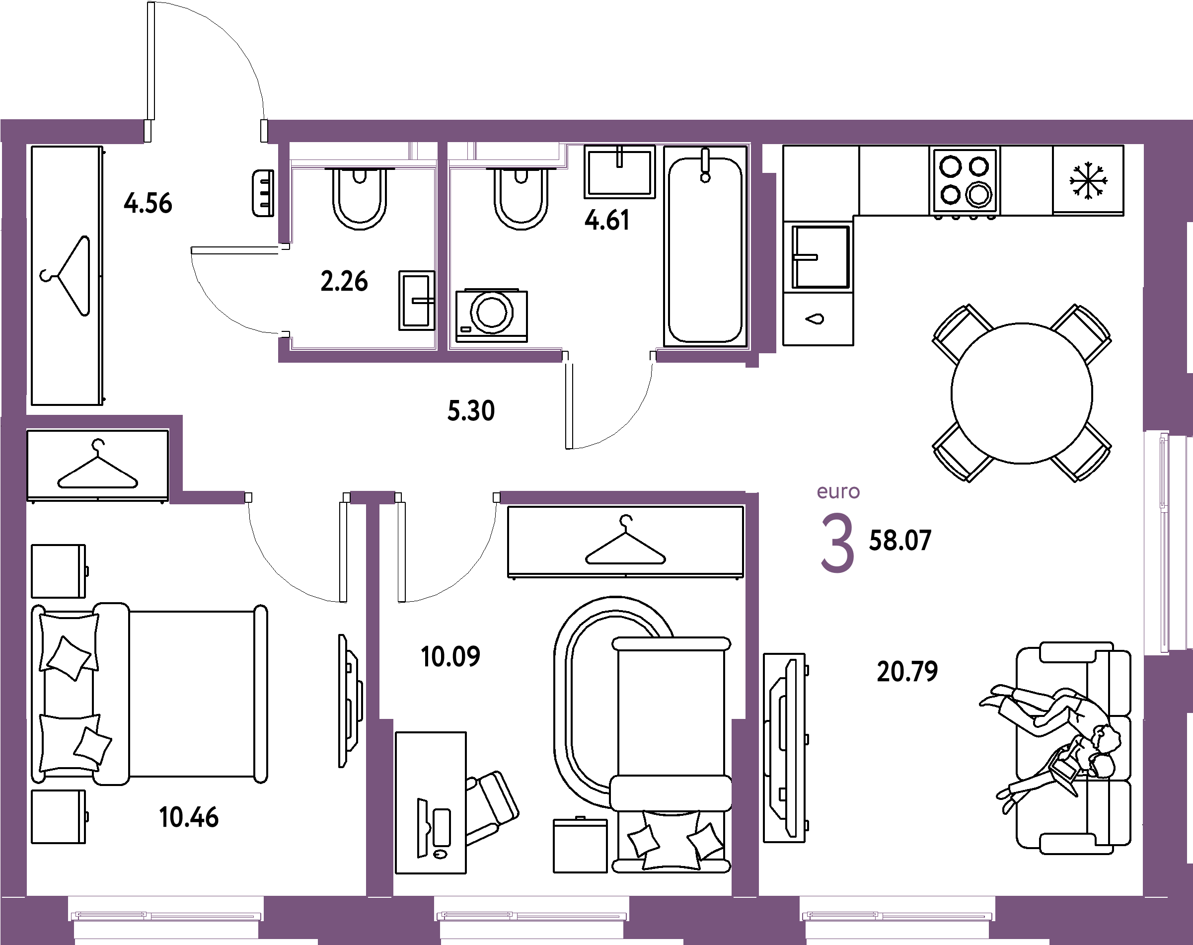 ЖК "Европейский берег 2.0"-3-комнатная 58.07 м²